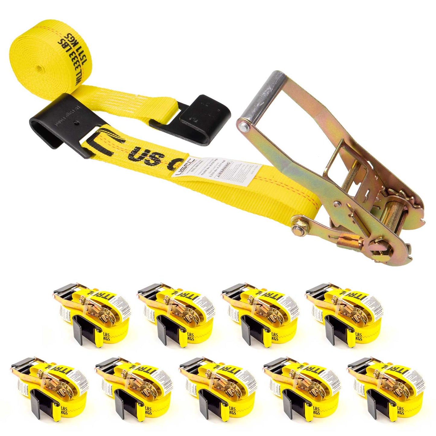 2" x 12' Ratchet Strap with Flat Hooks | Yellow | 10-Pack