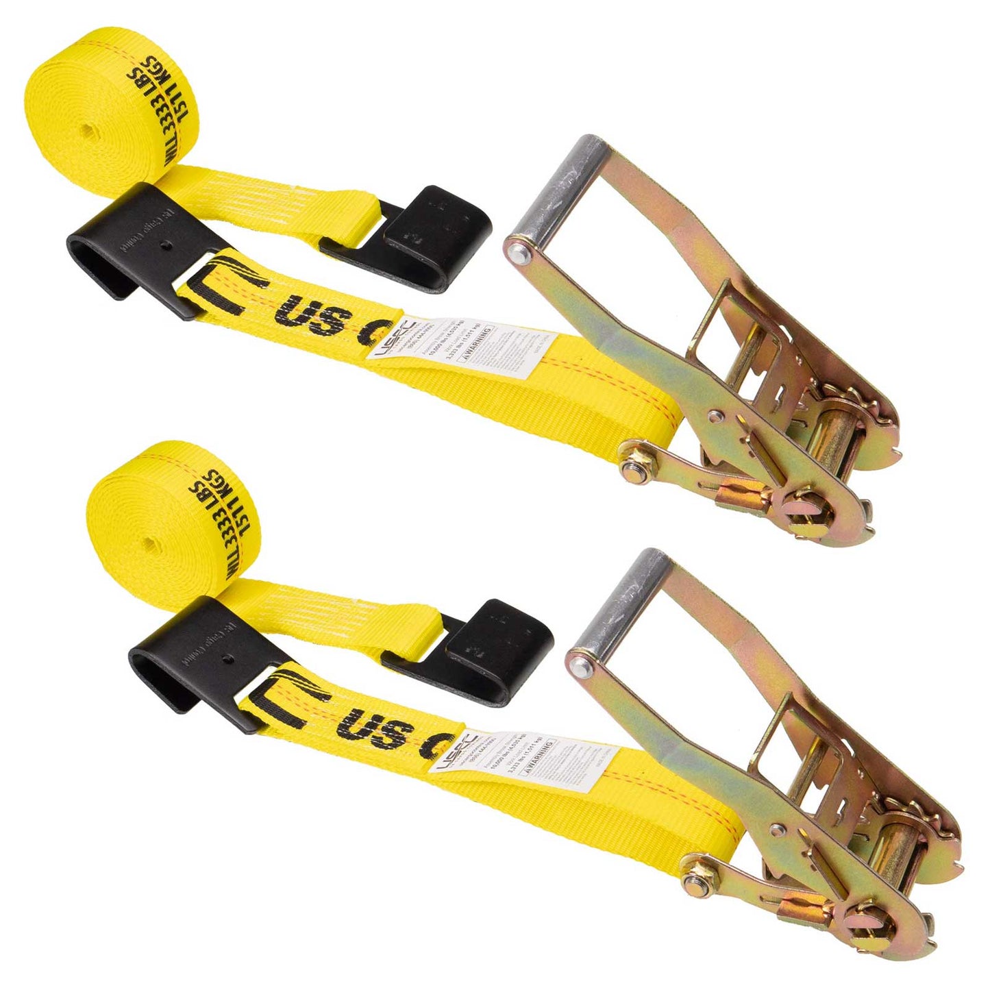 2" x 18' Ratchet Strap with Flat Hooks | Yellow | 2-Pack