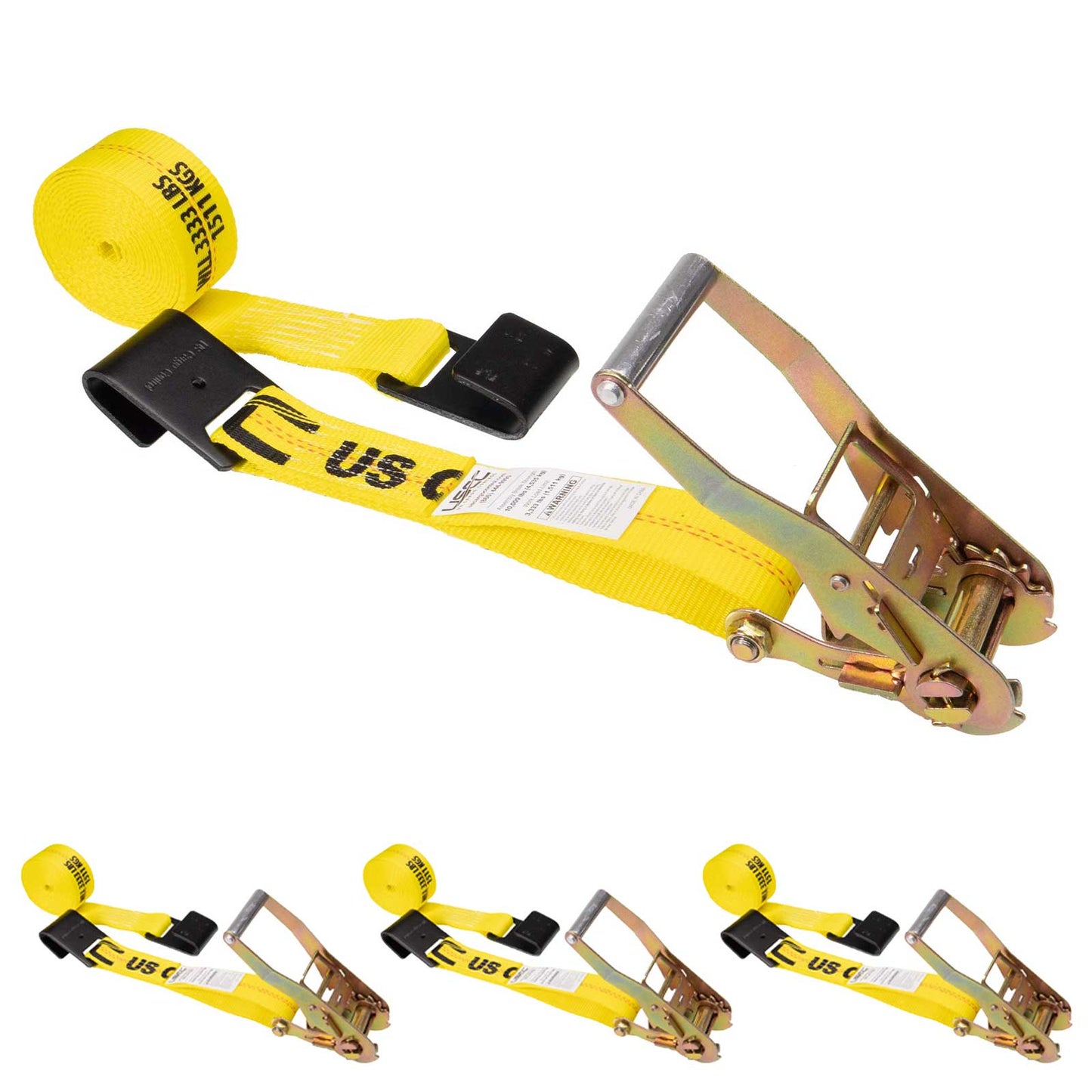 2" x 12' Ratchet Strap with Flat Hooks | Yellow | 4-Pack