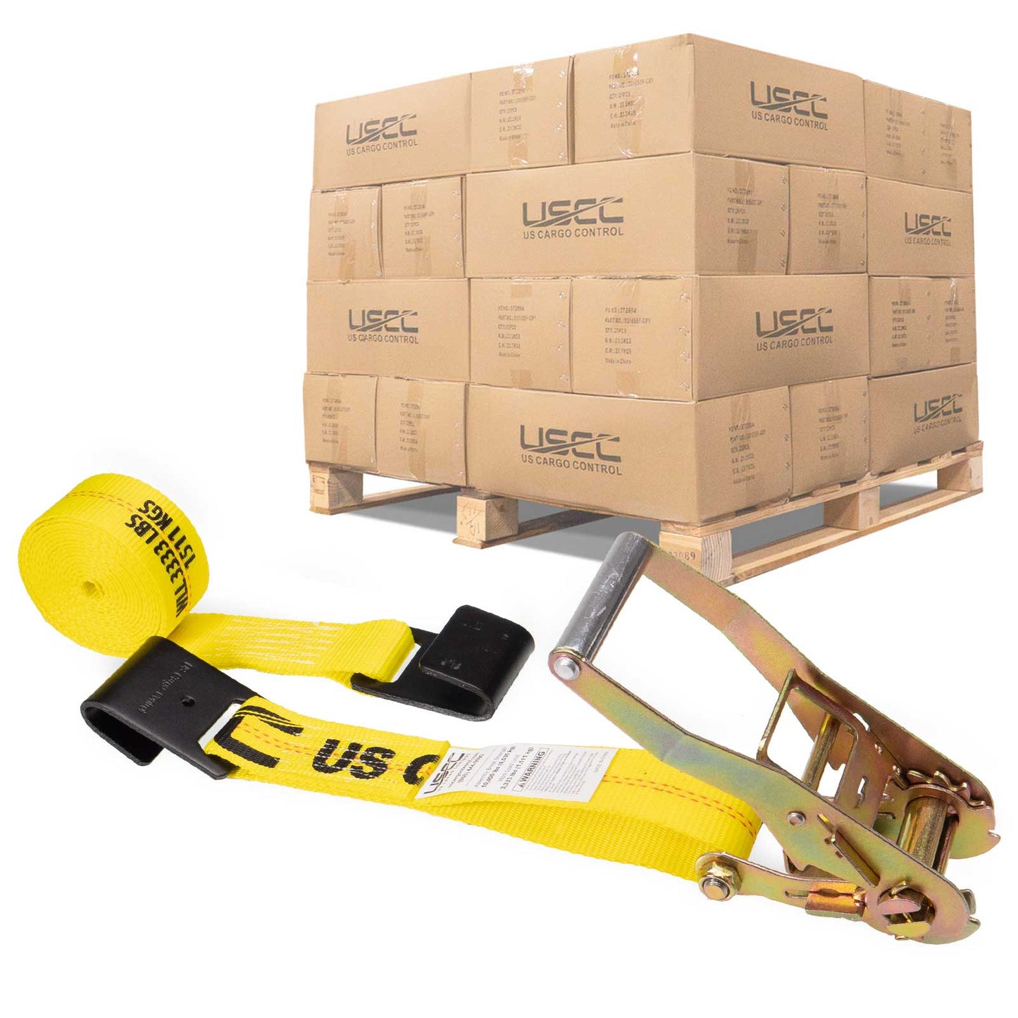 2" x 12' Ratchet Strap with Flat Hooks | Yellow | 320-Pack (Pallet)