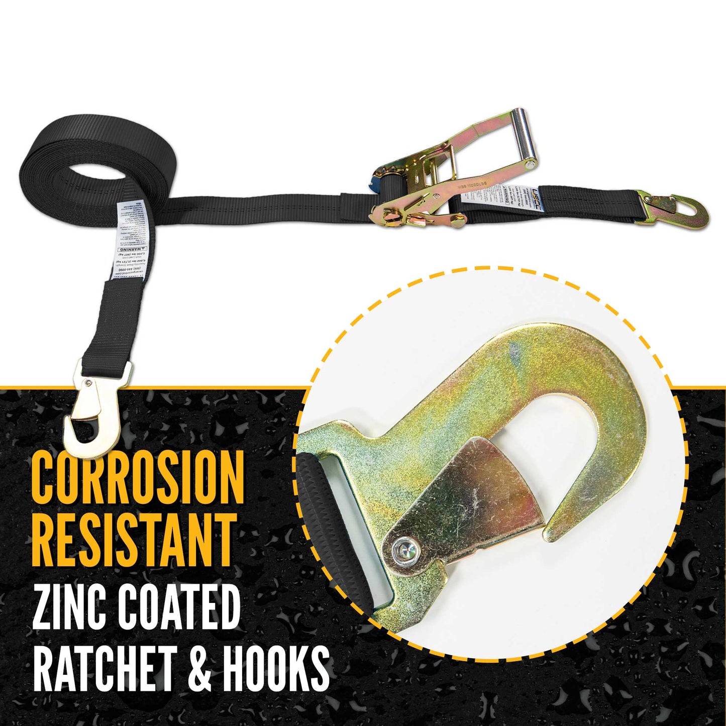 2" x 12' Car Tie Down Ratchet Strap with Flat Snap Hooks | Black