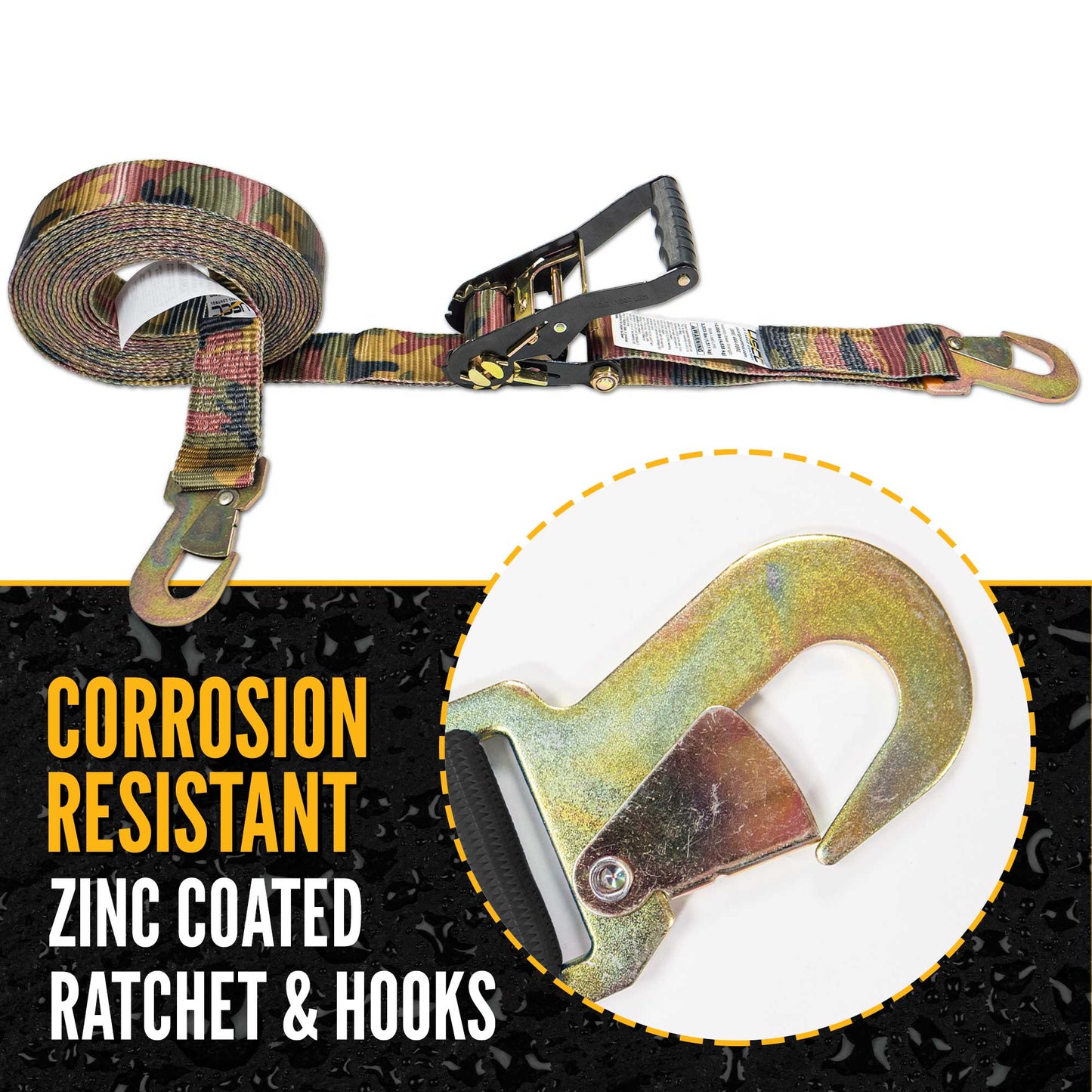 2" x 8' Camo Car Tie Down Ratchet Strap with Flat Snap Hooks