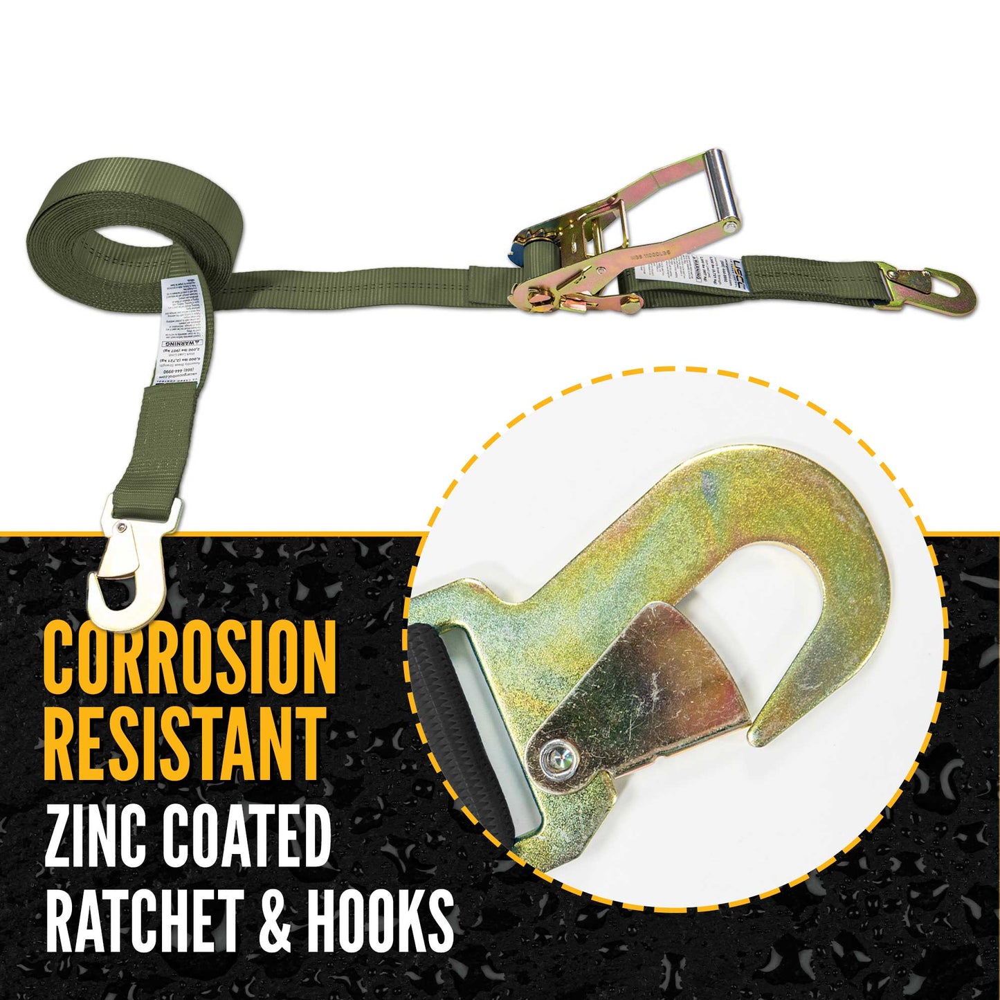 2" x 8' Car Tie Down Ratchet Strap with Flat Snap Hooks | Olive Drab