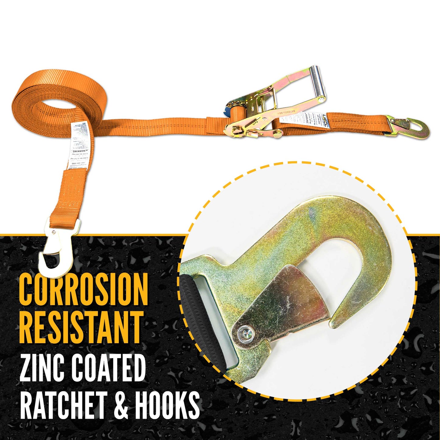 2" x 12' Car Tie Down Ratchet Strap with Flat Snap Hooks | Orange