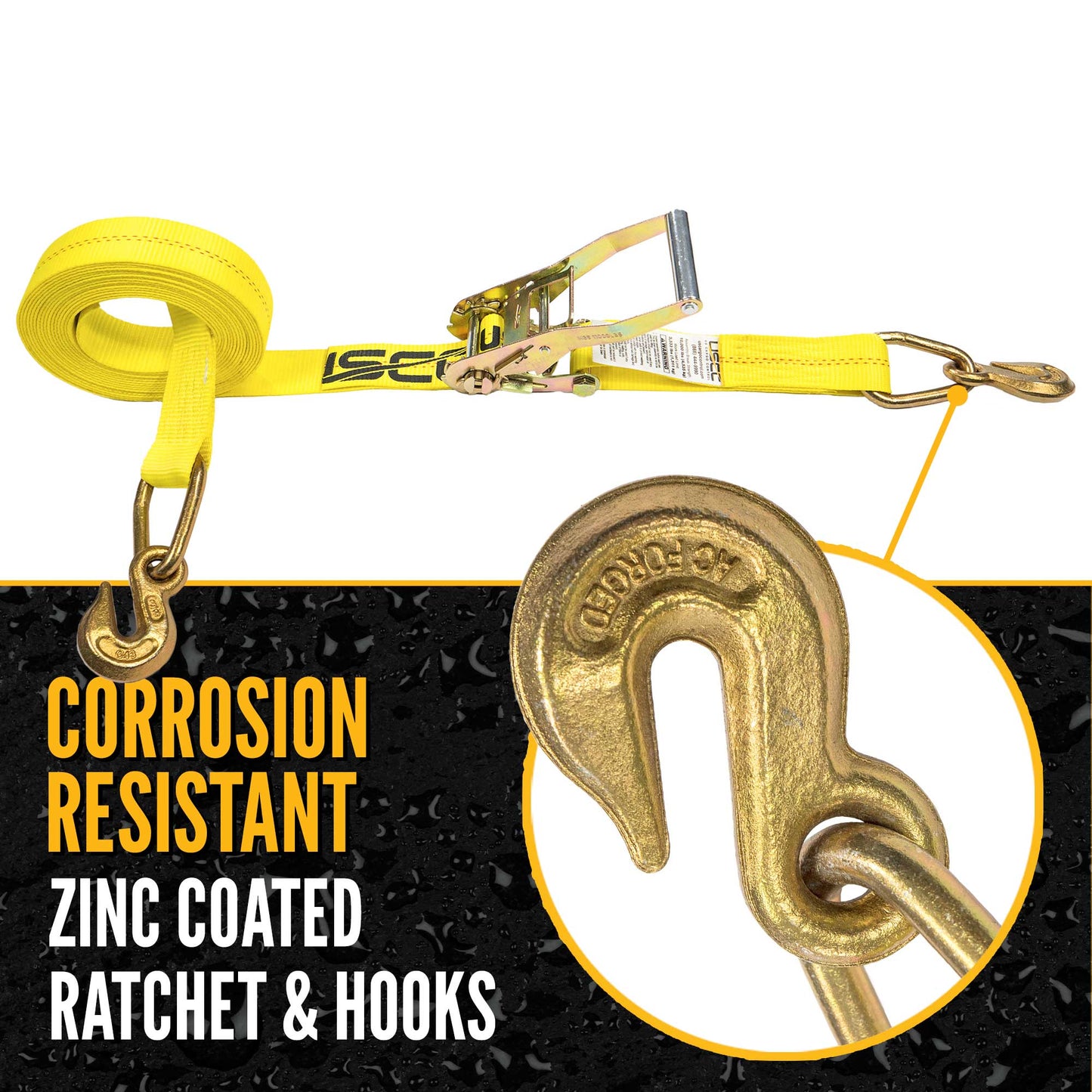 2" x 30' Ratchet Strap with Grab Hooks | Yellow