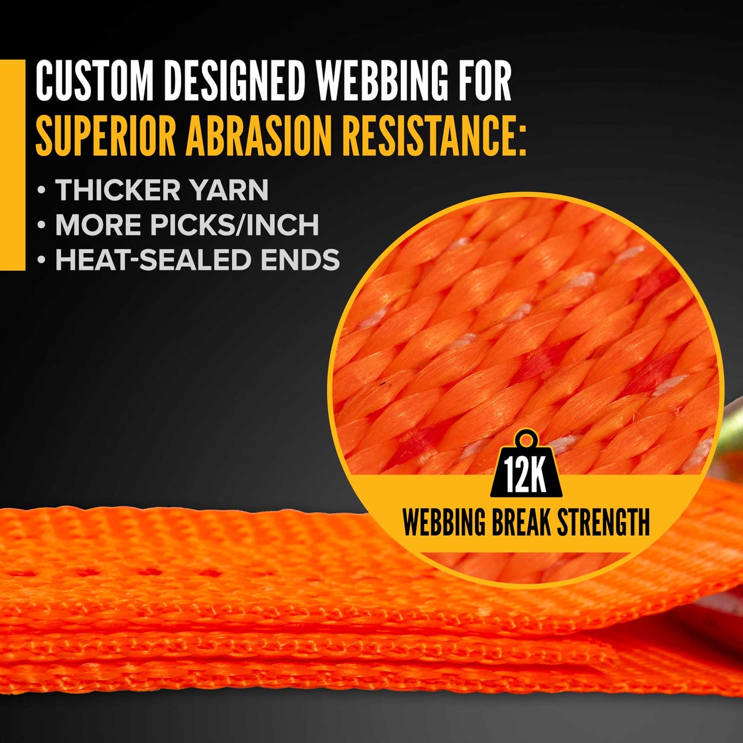 2" x 12' Ratchet Strap with Long Wire / Double J-Hooks | Orange
