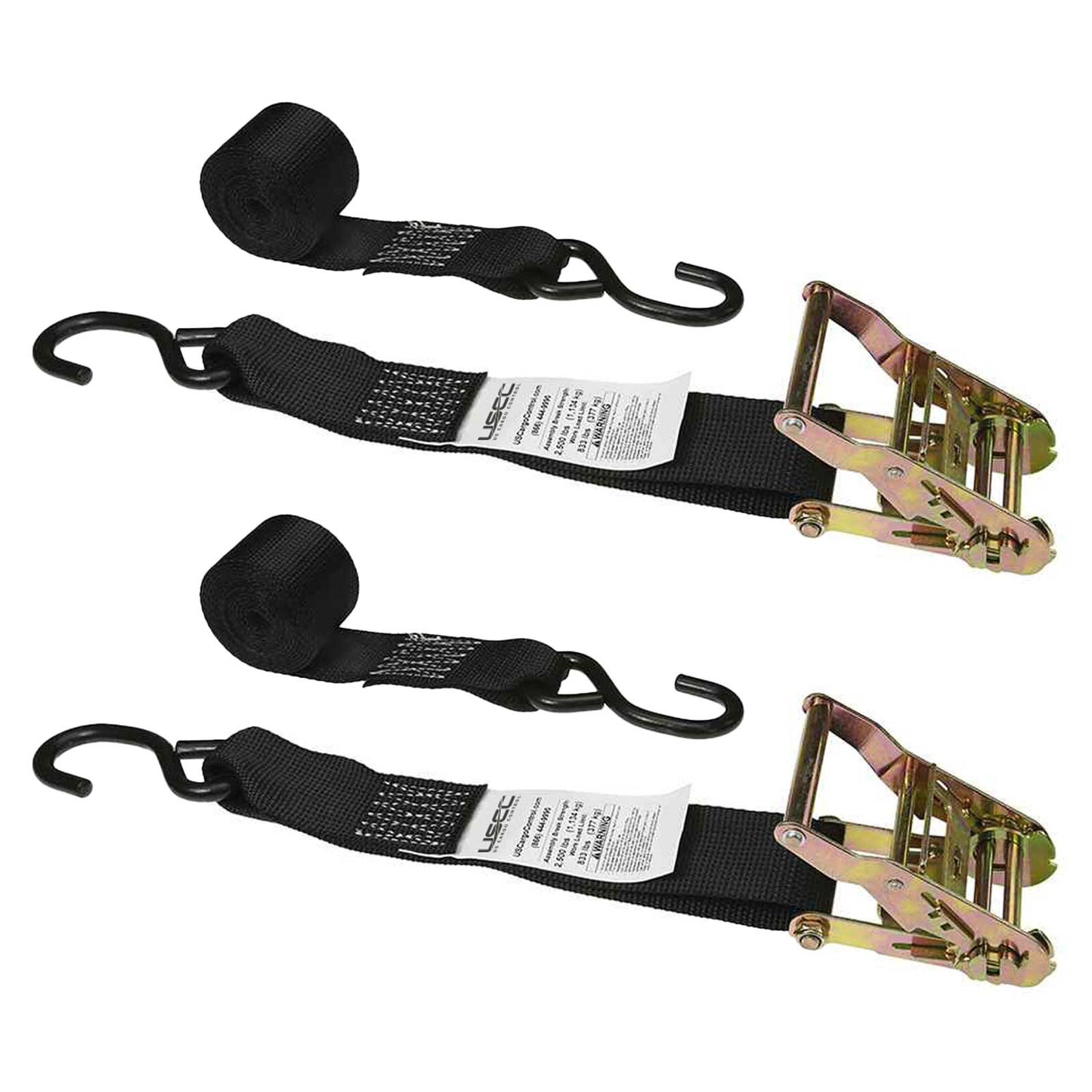2" x 8' Ratchet Strap with Vinyl Coated S-Hooks | Black | 2-Pack