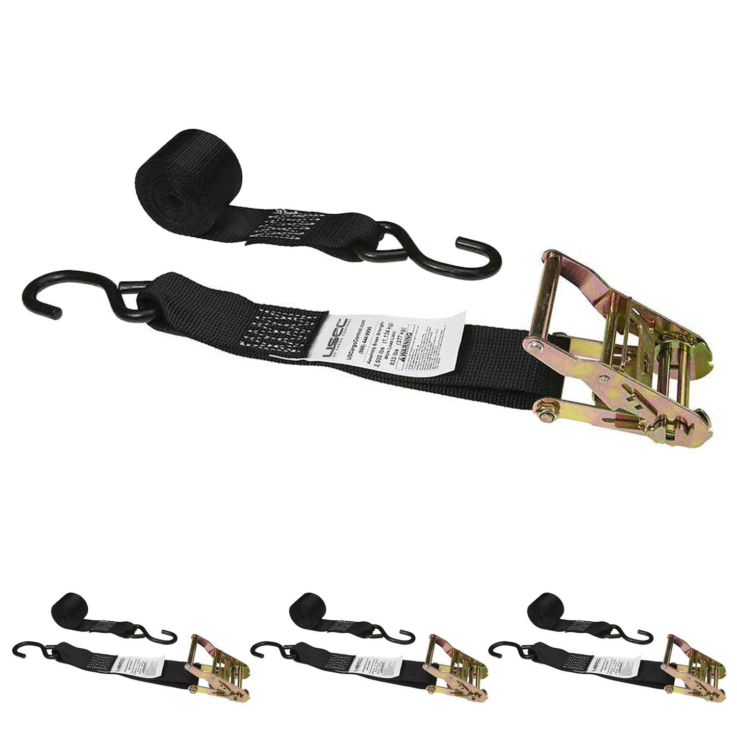 2" x 8' Ratchet Strap with Vinyl Coated S-Hooks | Black | 4-Pack