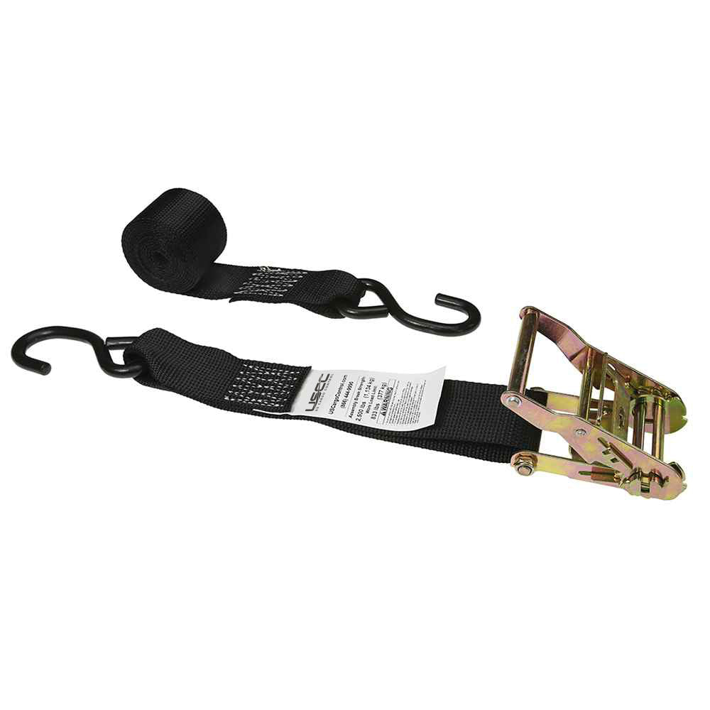 2" x 8' Ratchet Strap with Vinyl Coated S-Hooks | Black