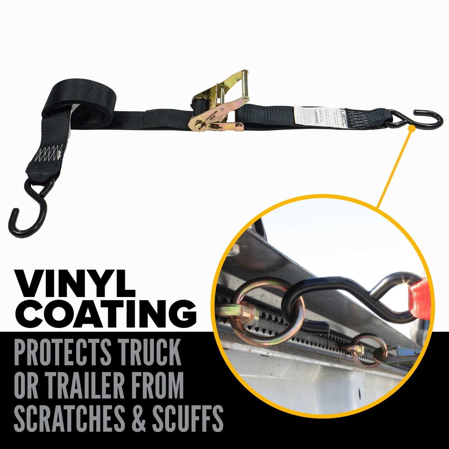 2" x 8' Ratchet Strap with Vinyl Coated S-Hooks | Black | 20-Pack