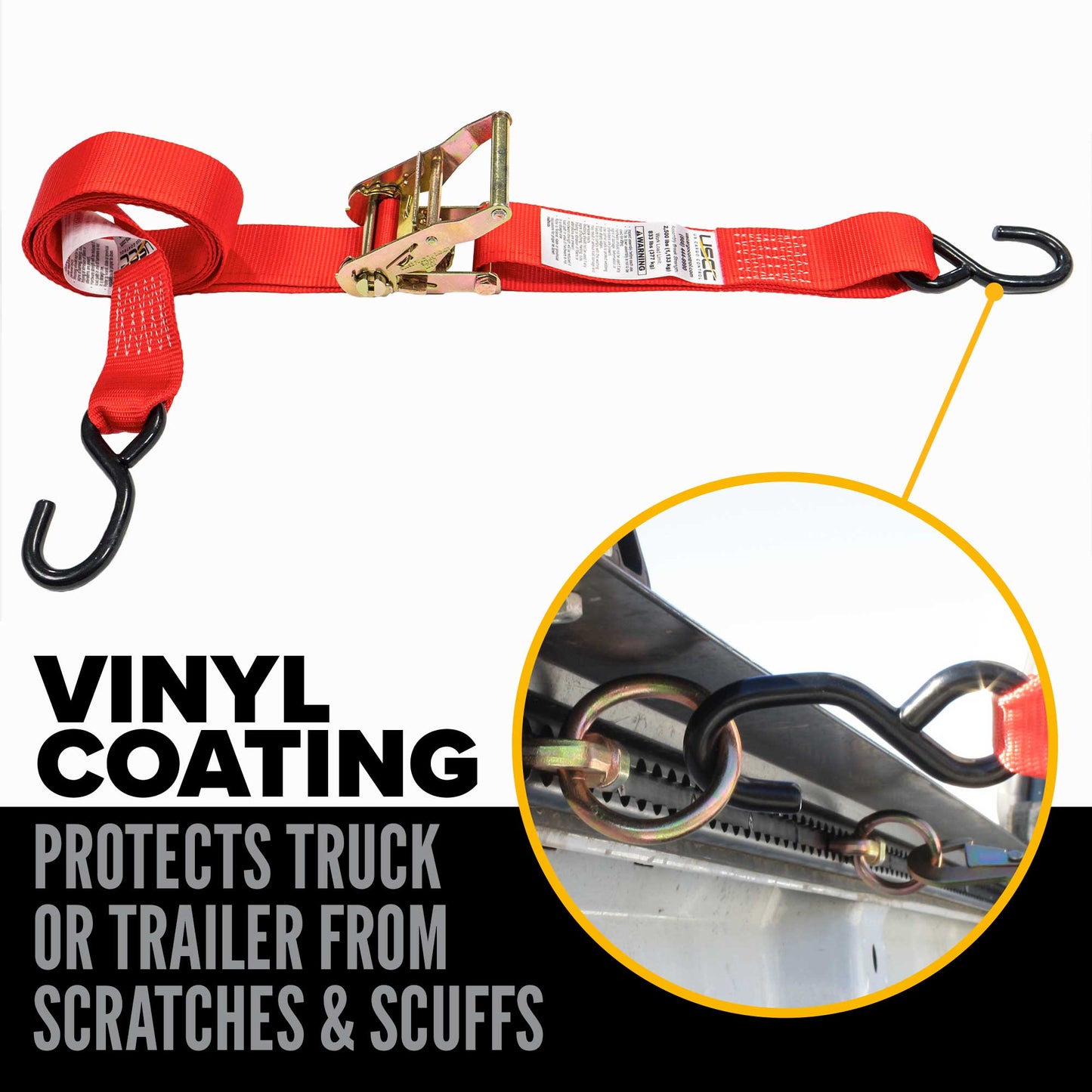 2" x 8' Ratchet Strap with Vinyl Coated S-Hooks | Red