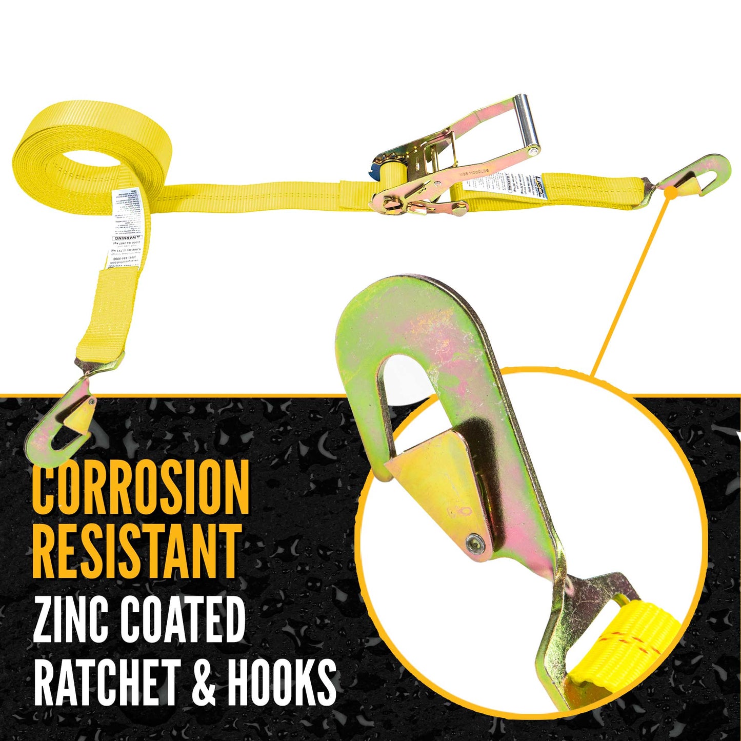 2" x 20' Ratchet Strap with Twisted Flat Snap Hooks | Yellow