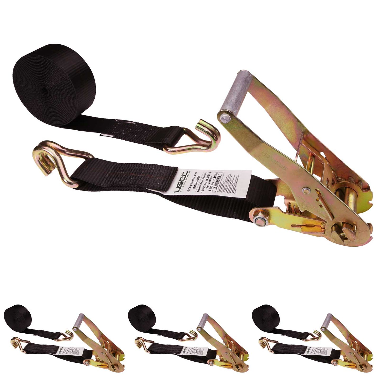 2" x 12' Ratchet Strap with Wire / Double J Hooks | Black | 4-Pack