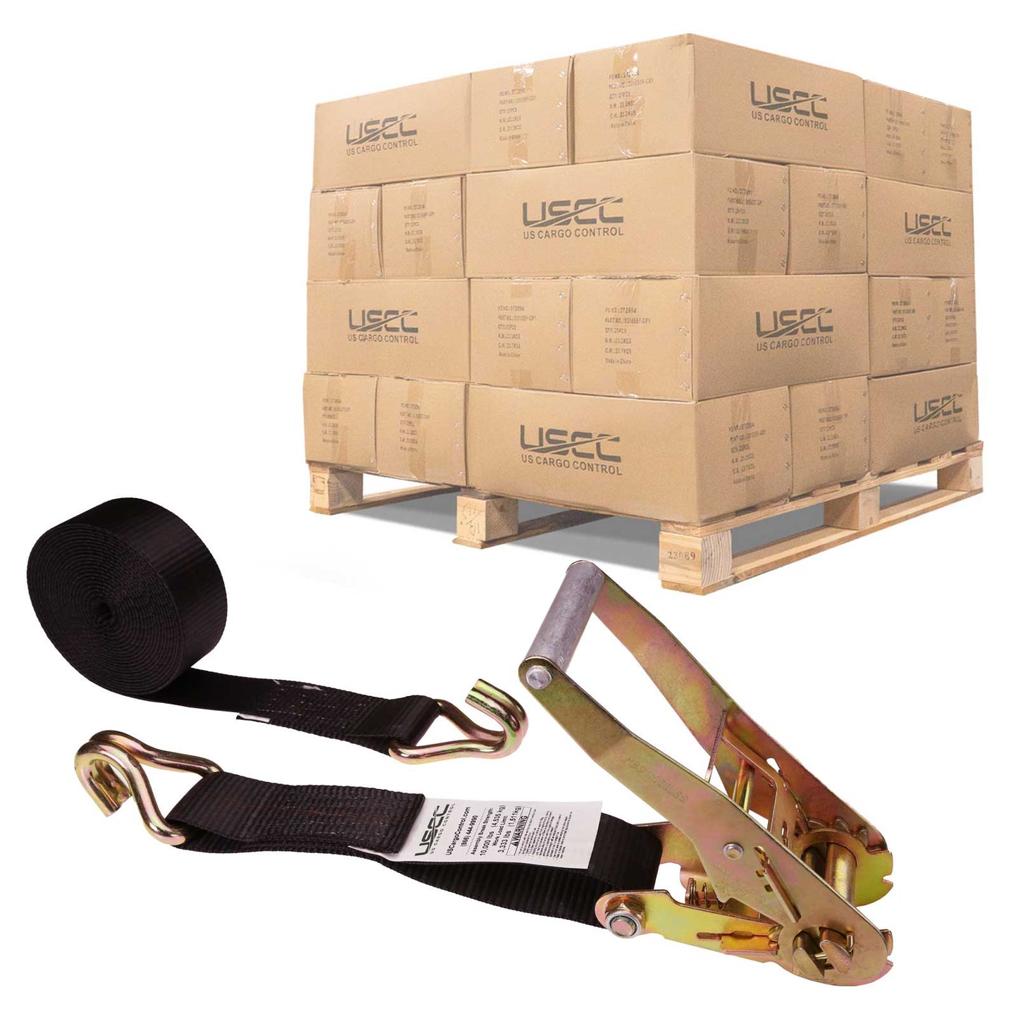 2" x 27' Ratchet Strap with Wire / Double J Hooks | Black | 320-Pack (Pallet)