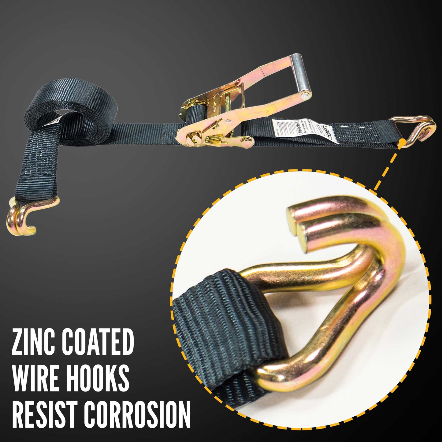 2" x 30' Ratchet Strap with Wire / Double J Hooks | Black | 4-Pack