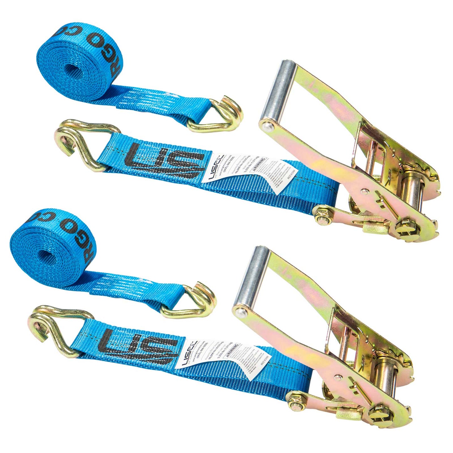 2" x 24' Ratchet Strap with Wire / Double J Hooks | Blue | 2-Pack