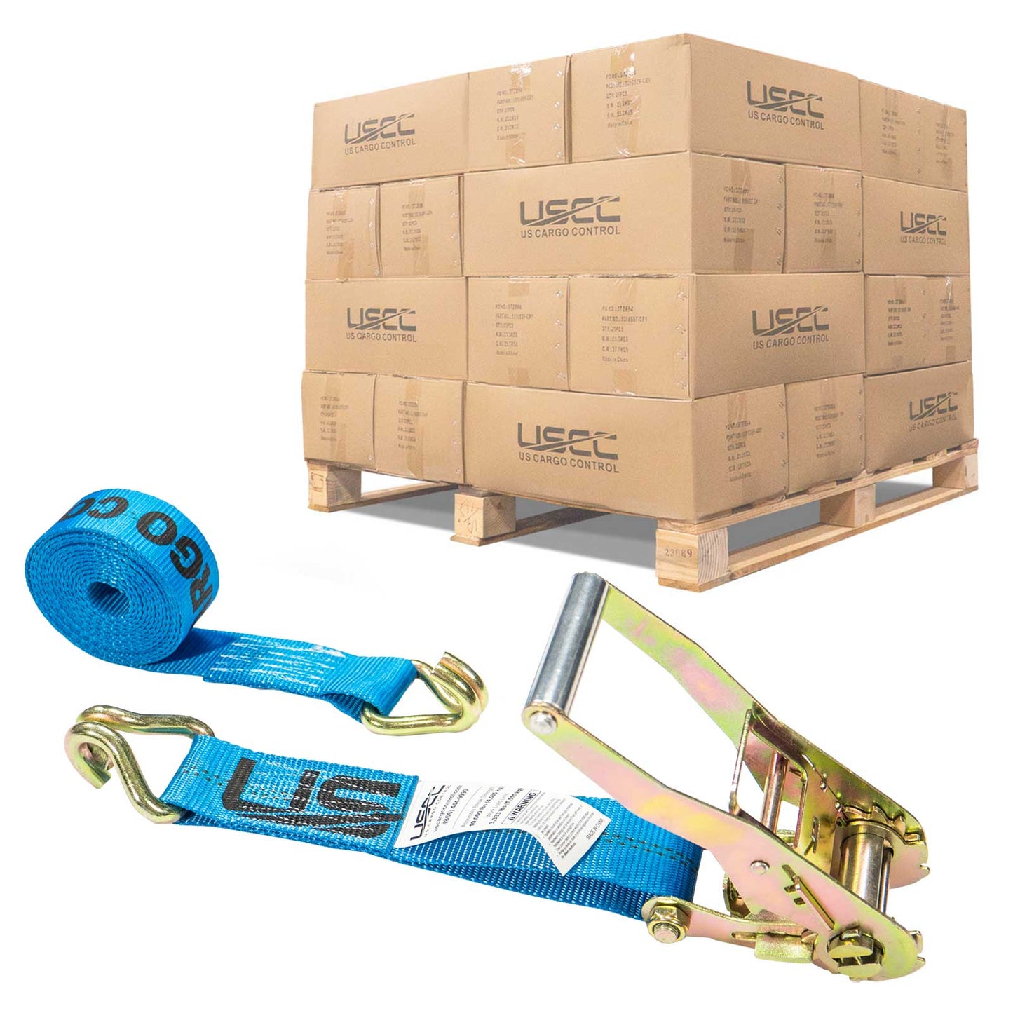 2" x 18' Ratchet Strap with Wire / Double J Hooks | Blue | 320-Pack (Pallet)