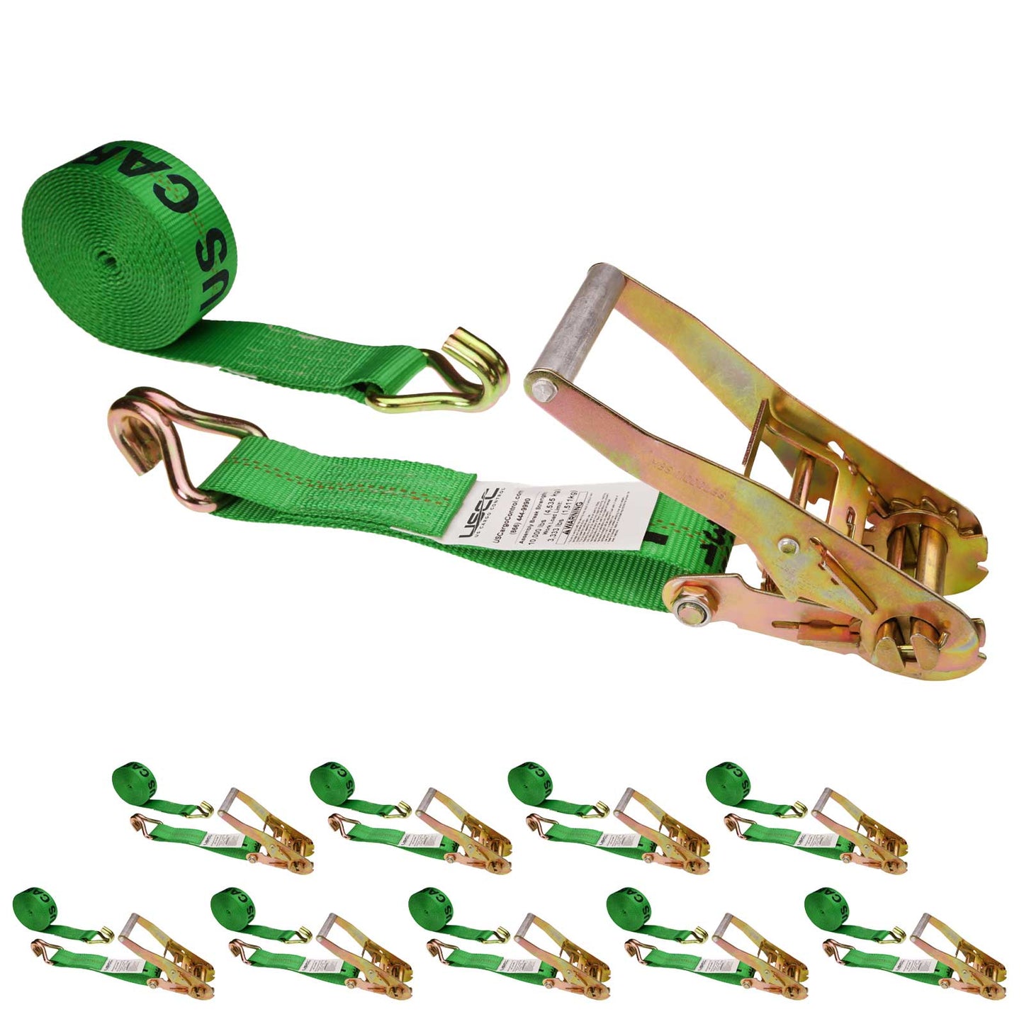 2" x 18' Ratchet Strap with Wire / Double J Hooks | Green | 10-Pack