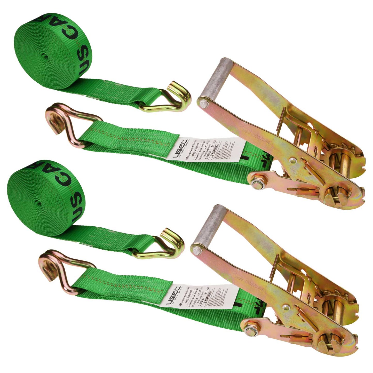 2" x 27' Ratchet Strap with Wire / Double J Hooks | Green | 2-Pack