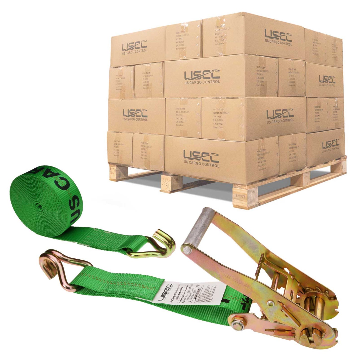 2" x 27' Ratchet Strap with Wire / Double J Hooks | Green | 320-Pack (Pallet)