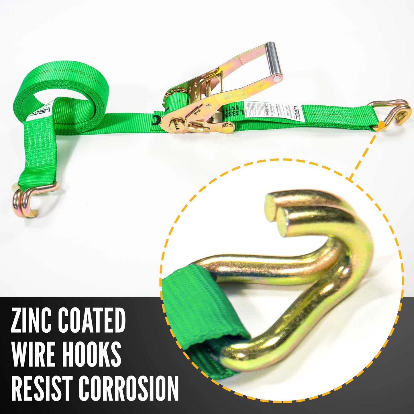 2" x 27' Ratchet Strap with Wire / Double J Hooks | Green | 2-Pack