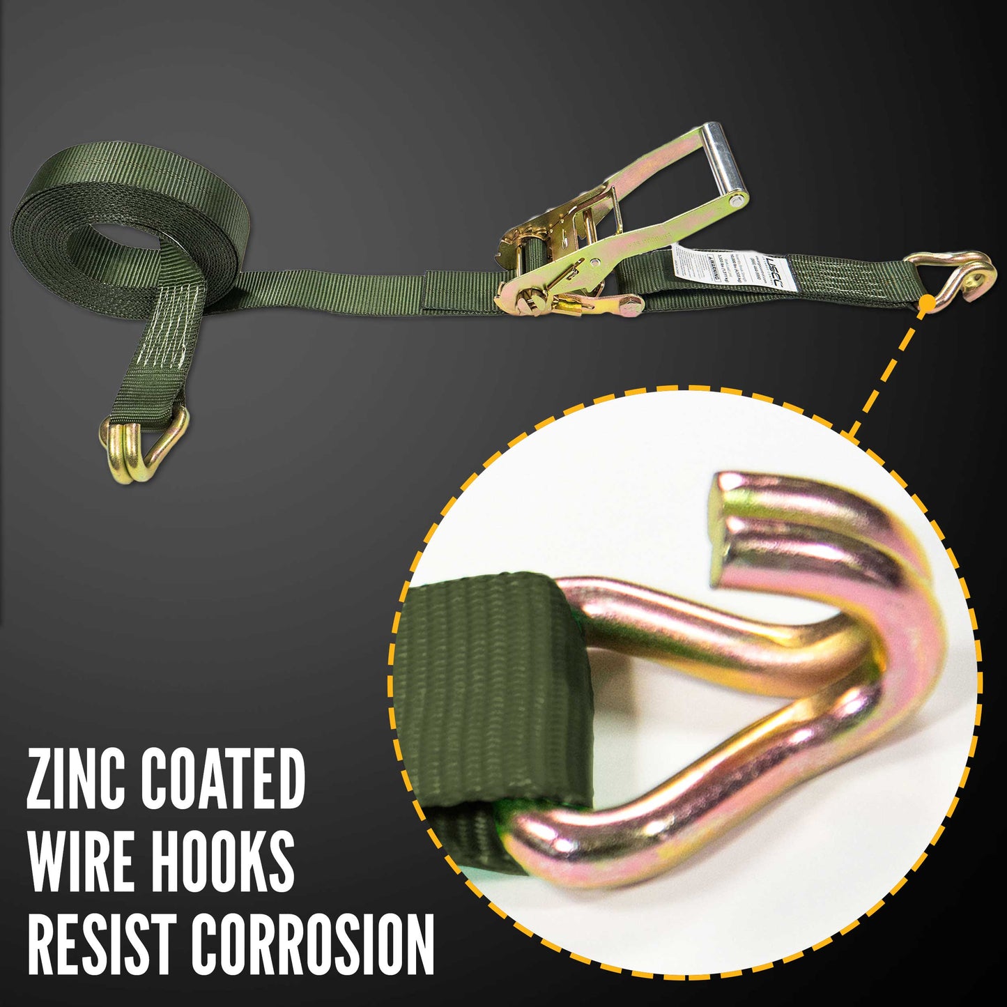 2" x 12' Ratchet Strap with Wire / Double J Hooks | Olive Drab