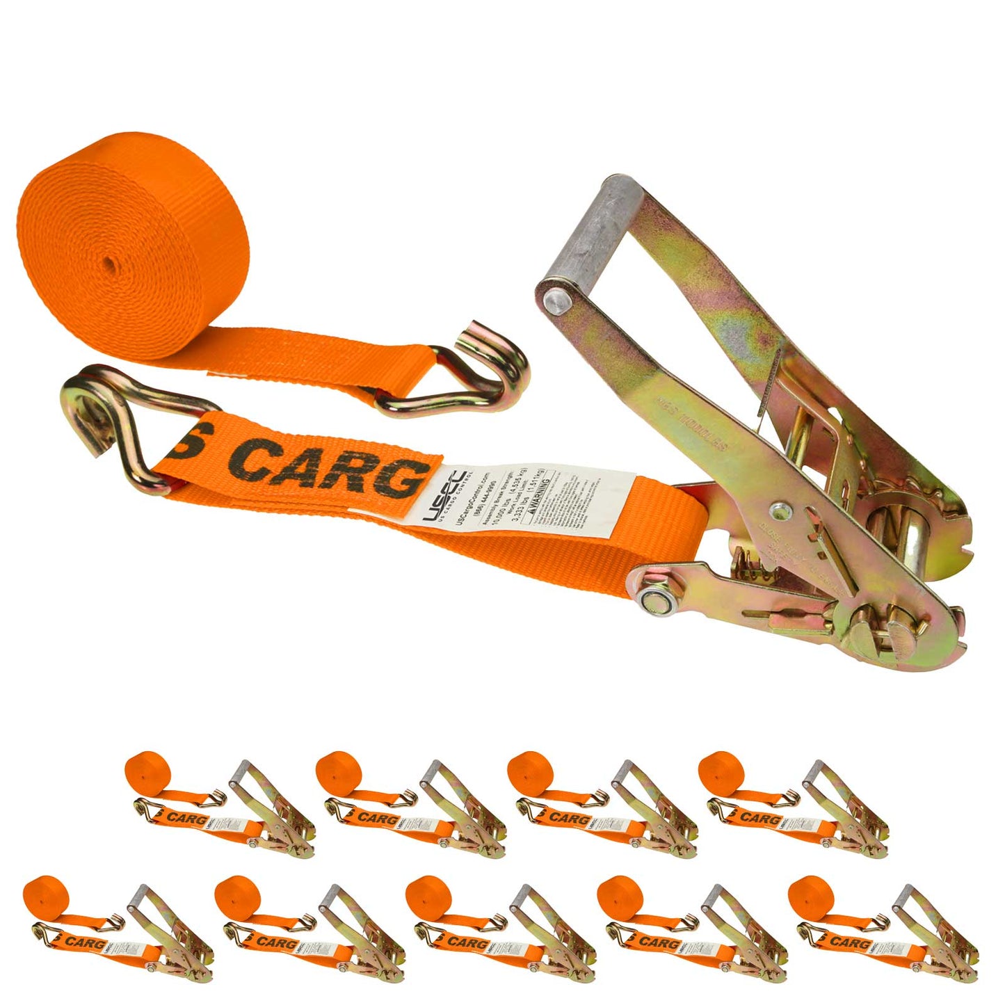 2" x 27' Ratchet Strap with Wire / Double J Hooks | Orange | 10-Pack