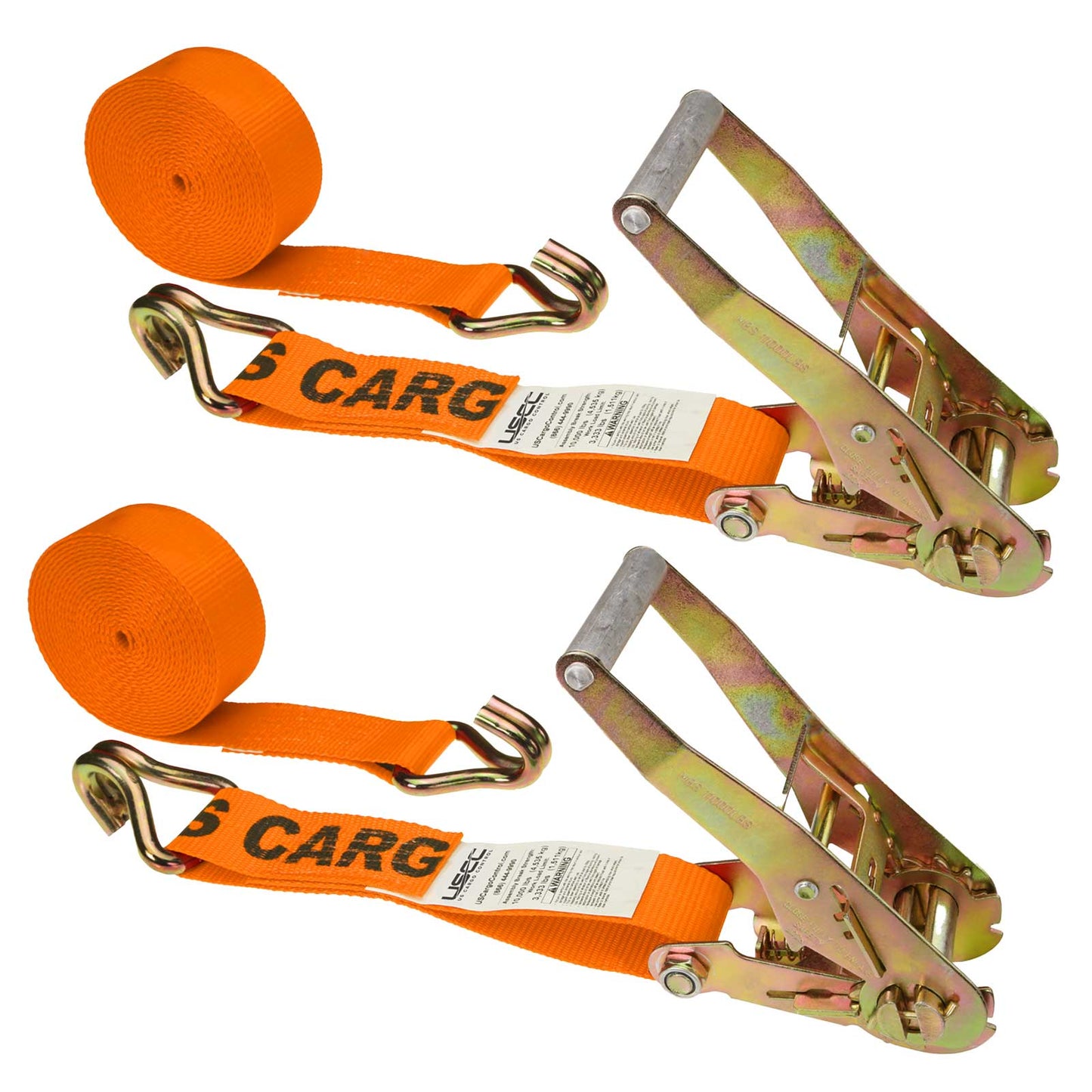 2" x 18' Ratchet Strap with Wire / Double J Hooks | Orange | 2-Pack