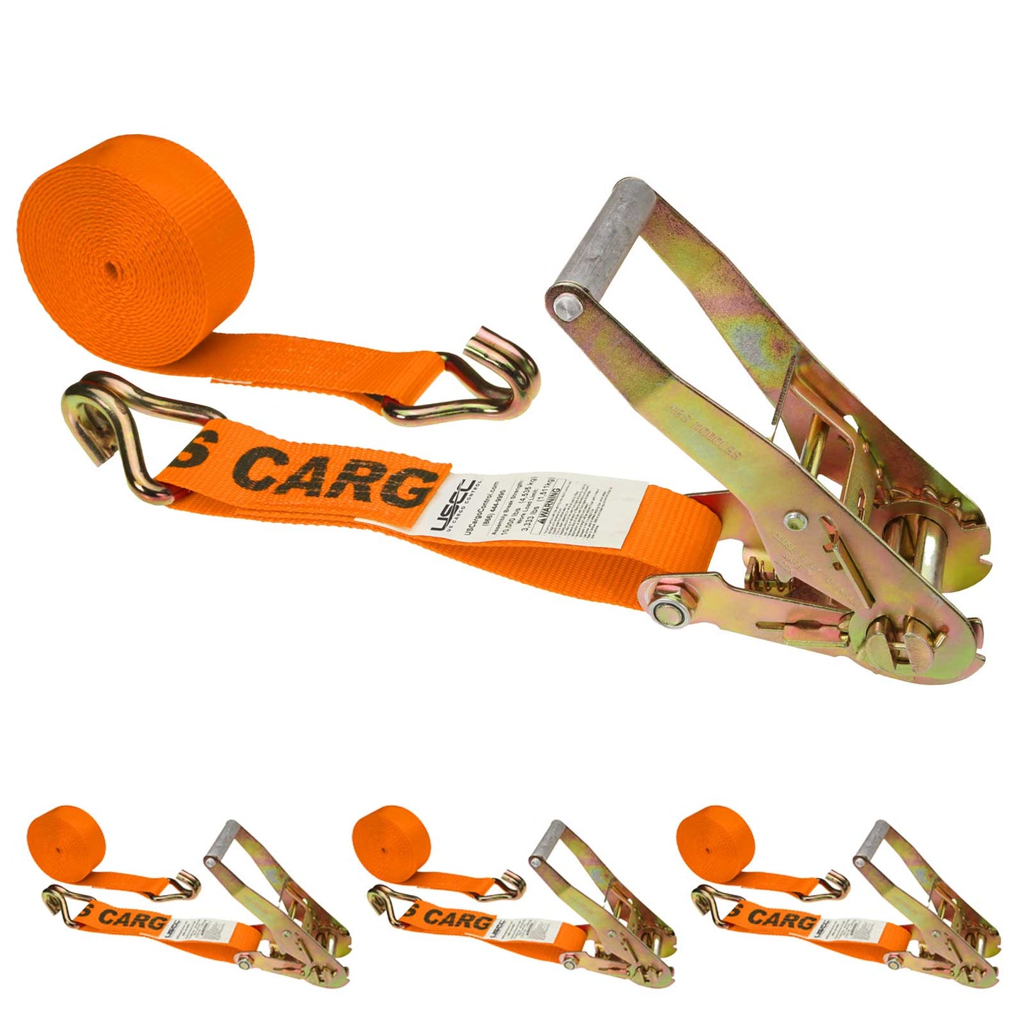2" x 12' Ratchet Strap with Wire / Double J Hooks | Orange | 4-Pack