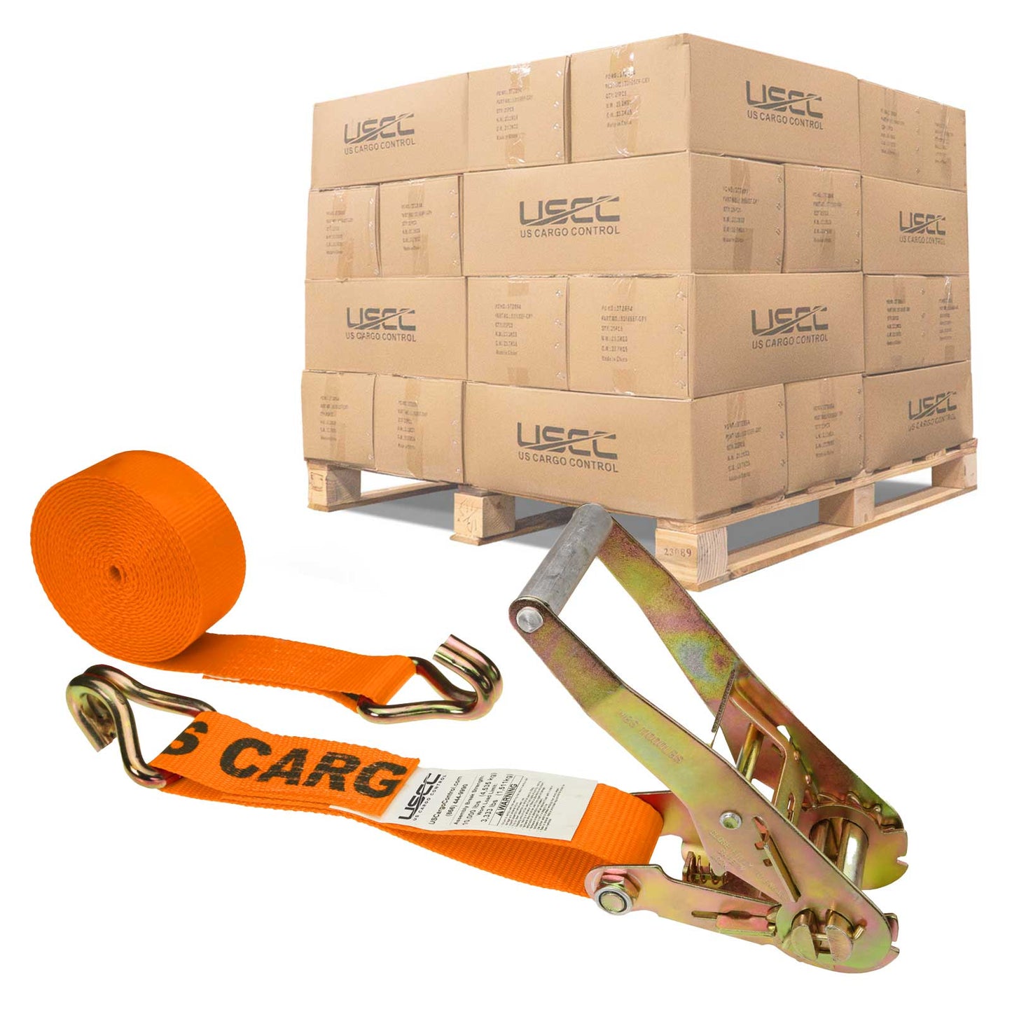 2" x 27' Ratchet Strap with Wire / Double J Hooks | Orange | 320-Pack (Pallet)