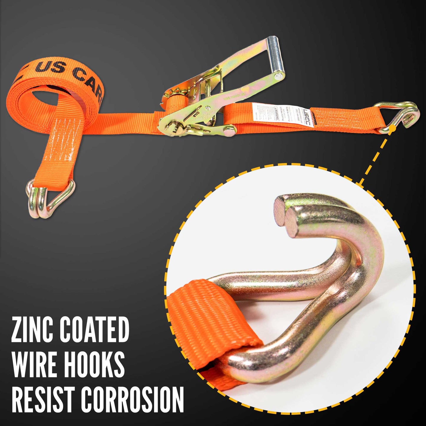 2" x 27' Ratchet Strap with Wire / Double J Hooks | Orange | 320-Pack (Pallet)