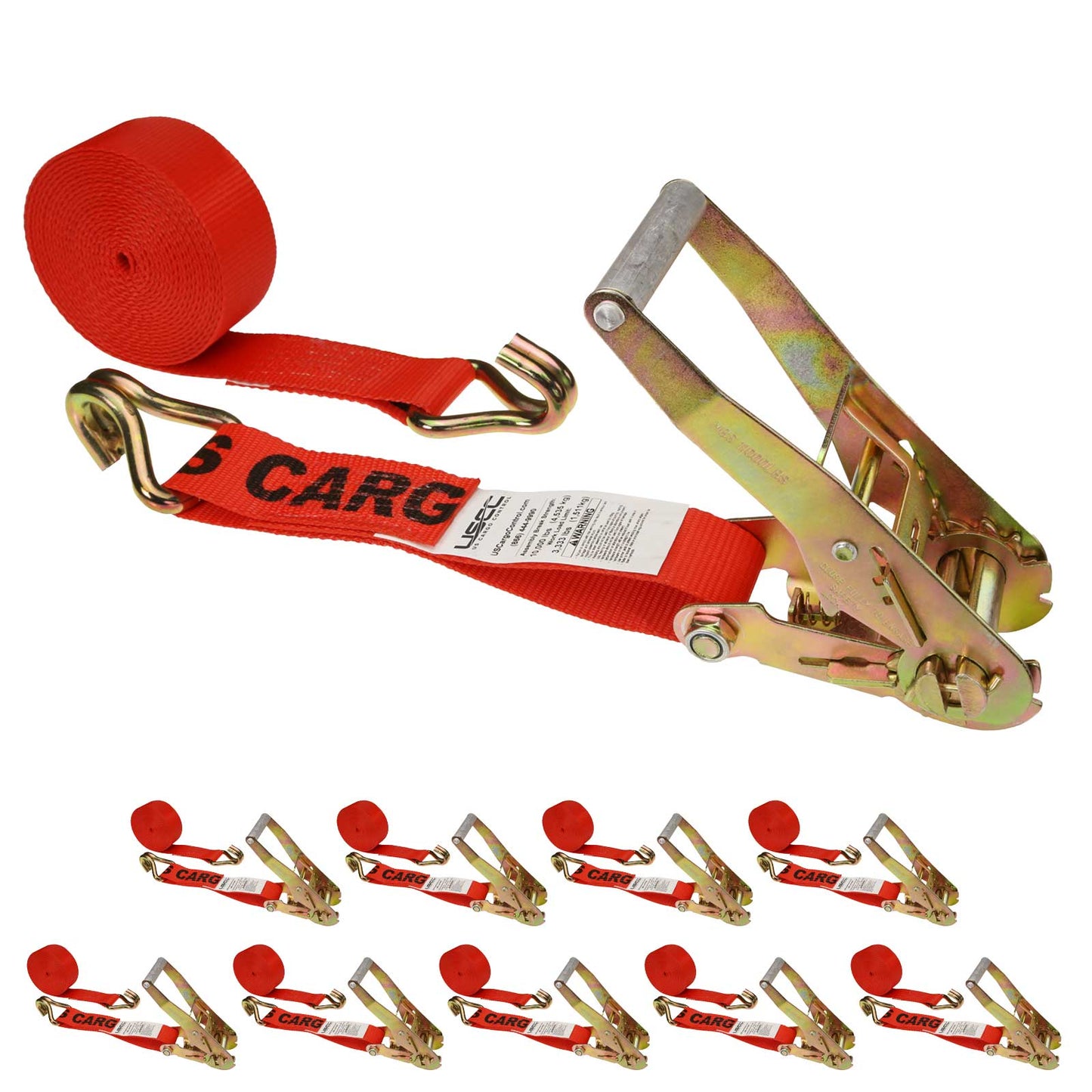 2" x 30' Ratchet Strap with Wire / Double J Hooks | Red | 10-Pack