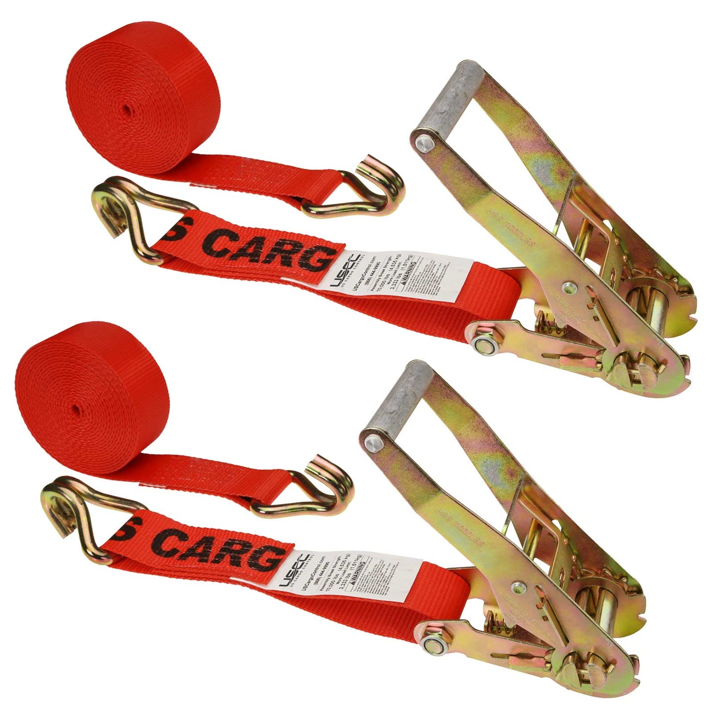 2" x 12' Ratchet Strap with Wire / Double J Hooks | Red | 2-Pack