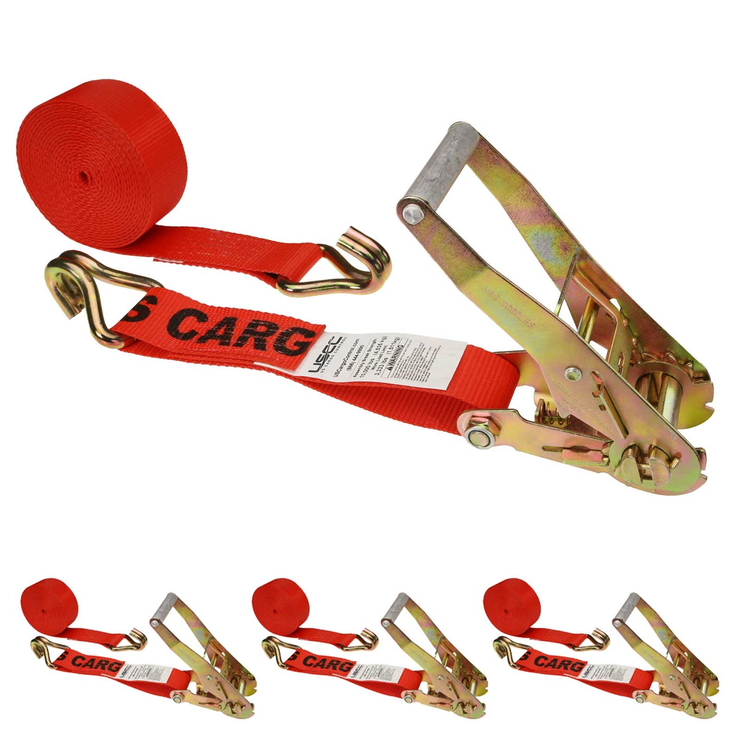 2" x 12' Ratchet Strap with Wire / Double J Hooks | Red | 4-Pack