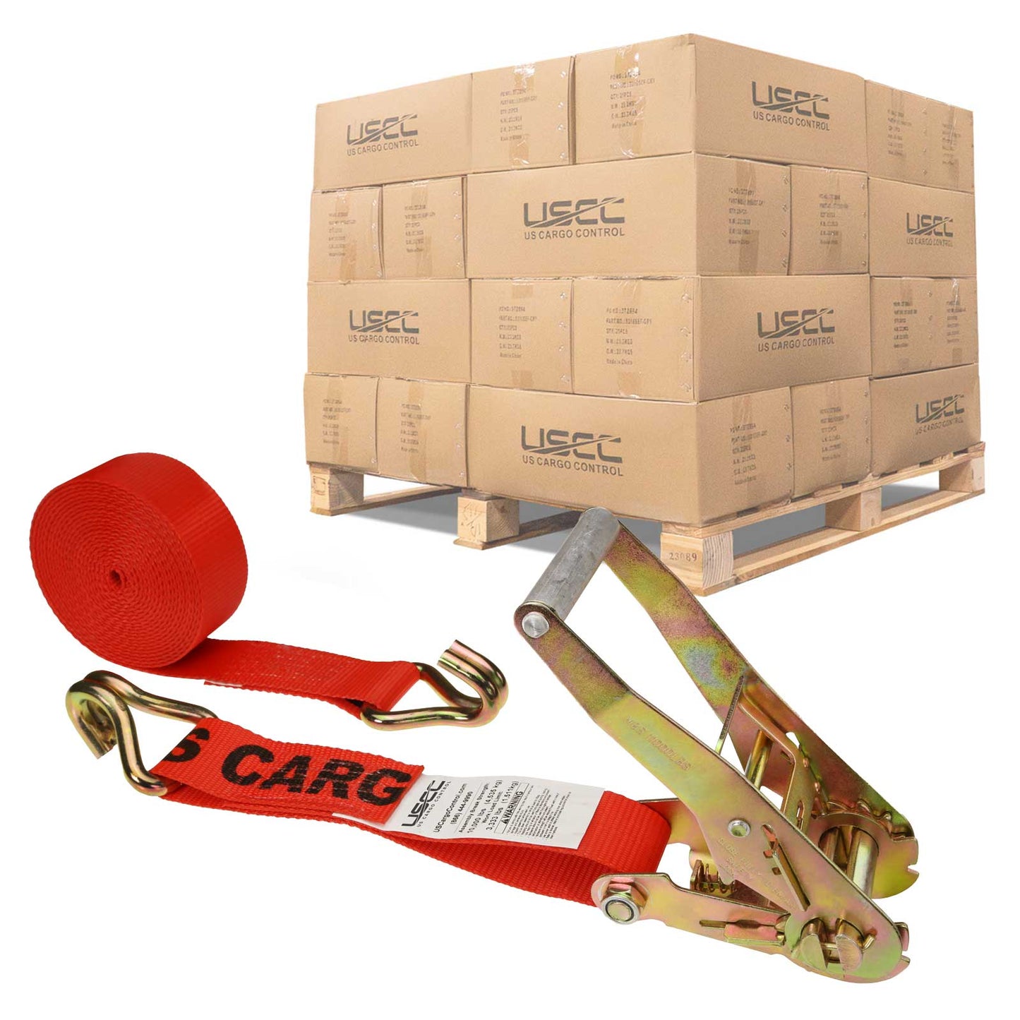 2" x 27' Ratchet Strap with Wire / Double J Hooks | Red | 320-Pack (Pallet)