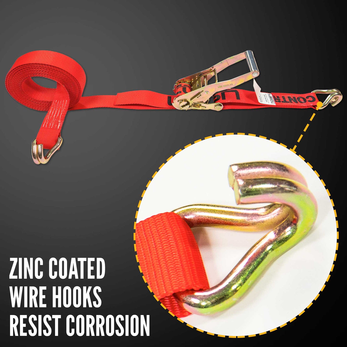 2" x 12' Ratchet Strap with Wire / Double J Hooks | Red | 4-Pack