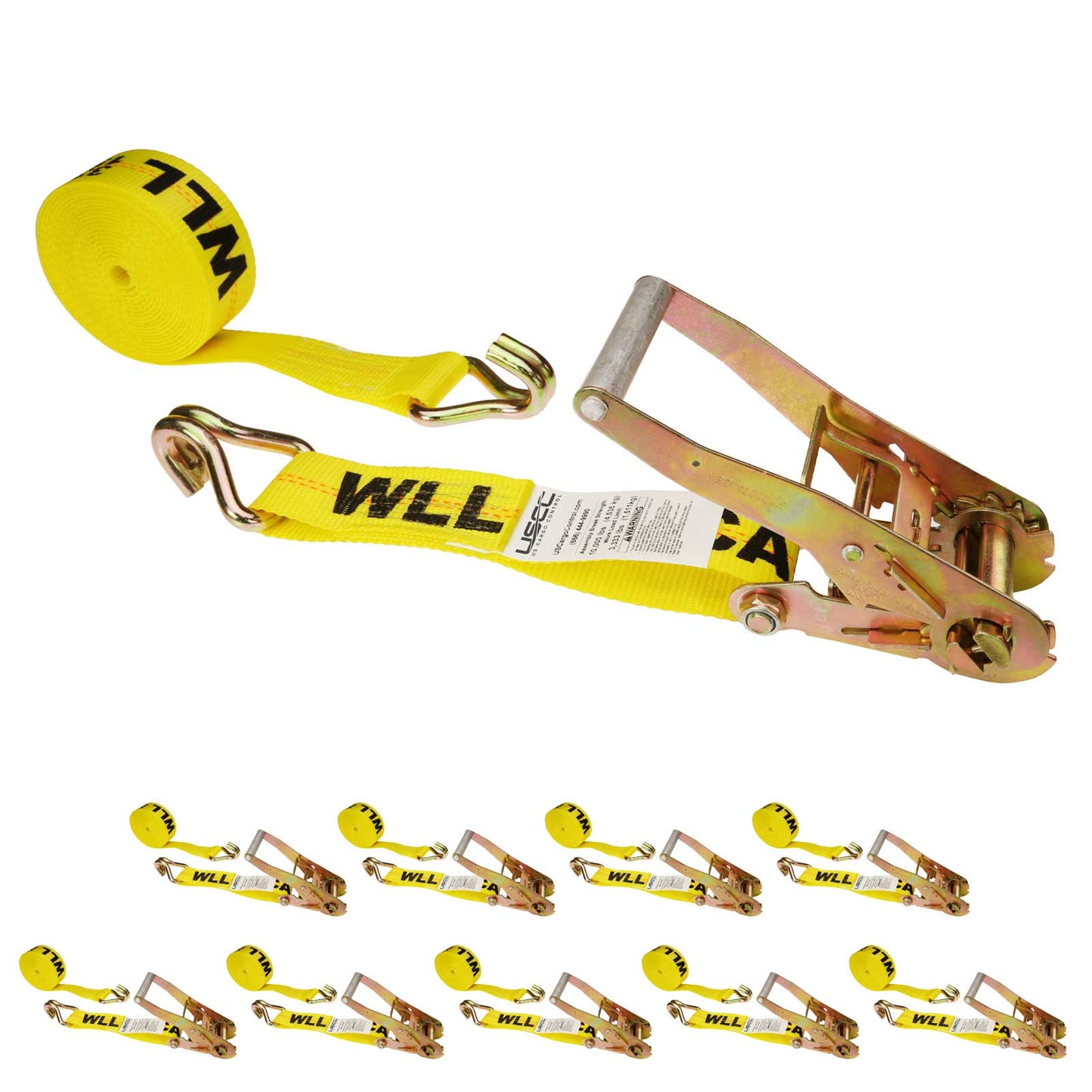 2" x 30' Ratchet Strap with Wire / Double J-Hooks | Yellow | 10-Pack