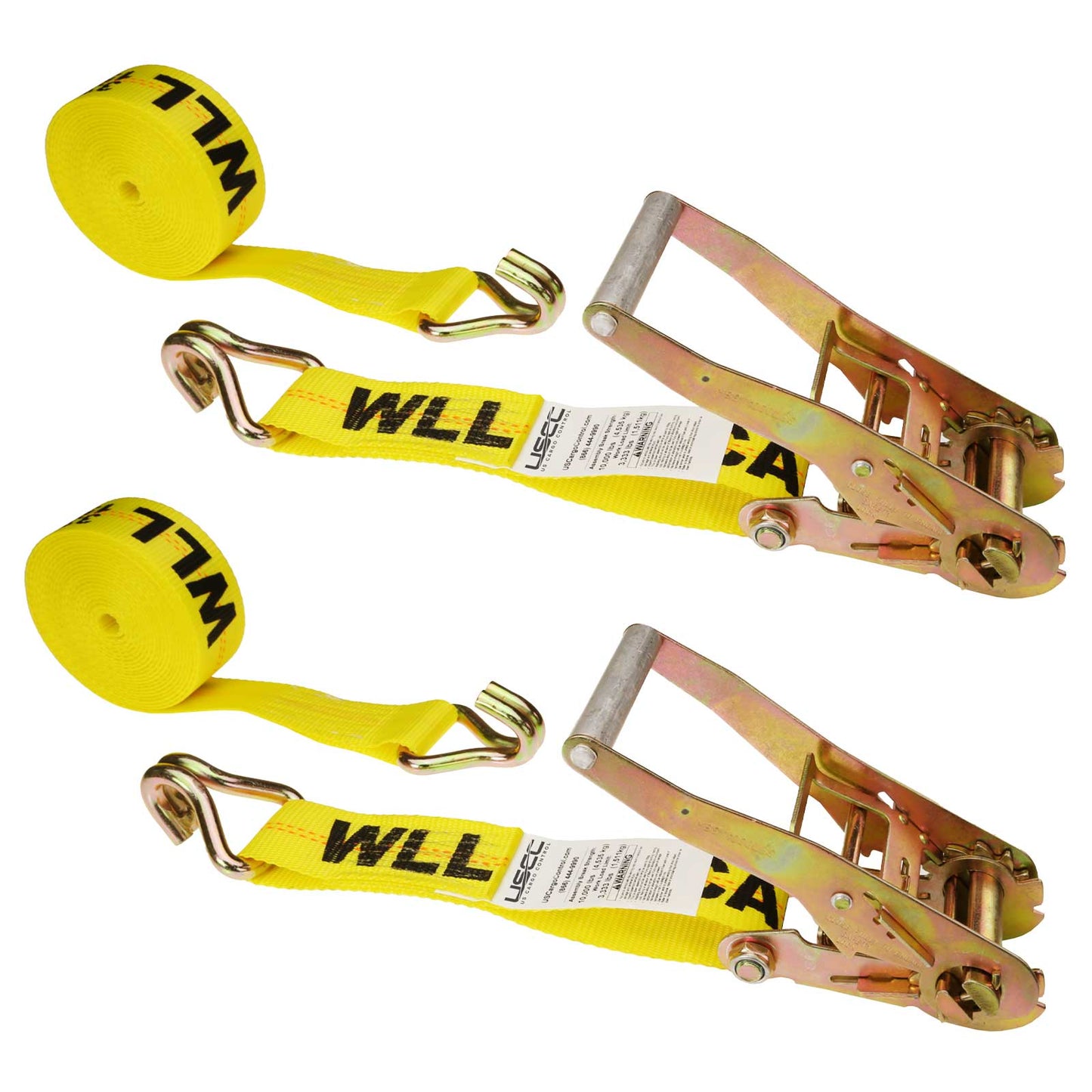 2" x 12' Ratchet Strap with Wire / Double J Hooks | Yellow | 2-Pack