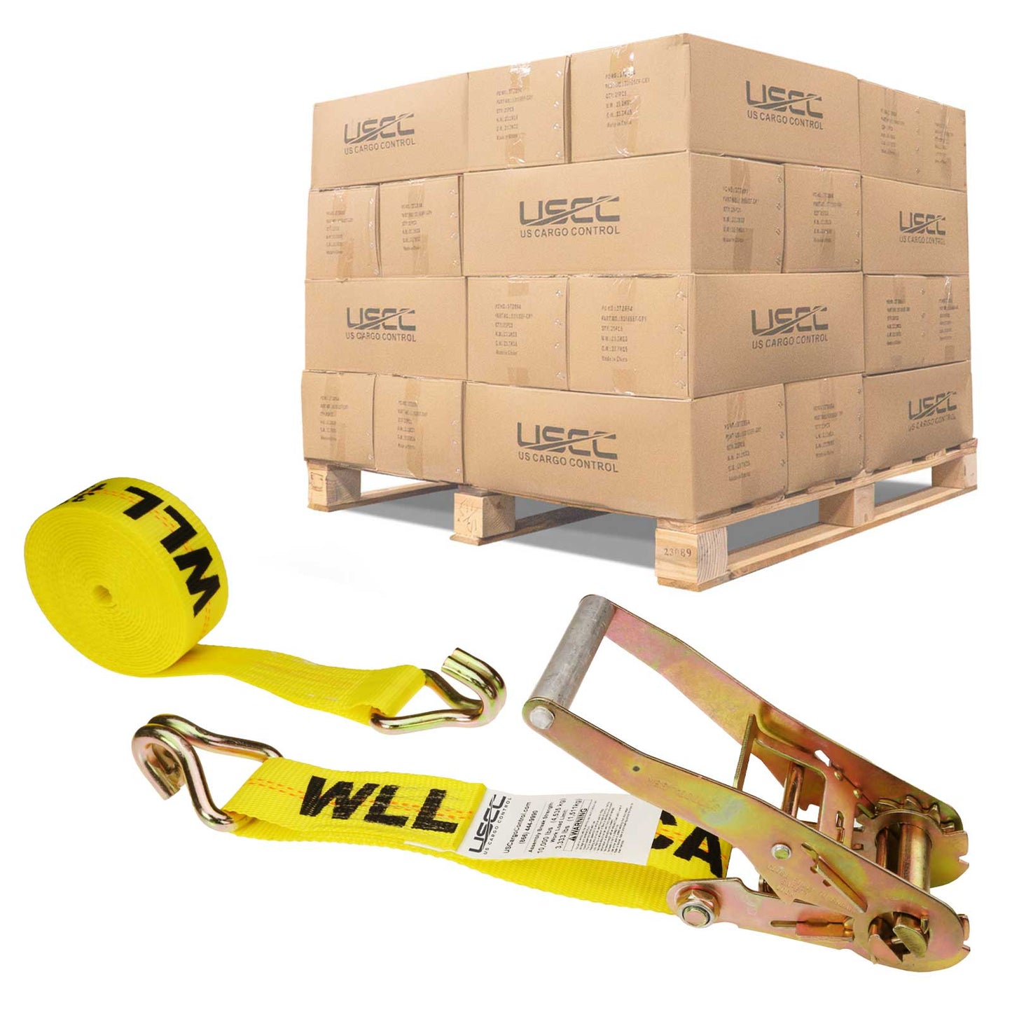2" x 30' Ratchet Strap with Wire / Double J-Hooks | Yellow | 320-Pack (Pallet)