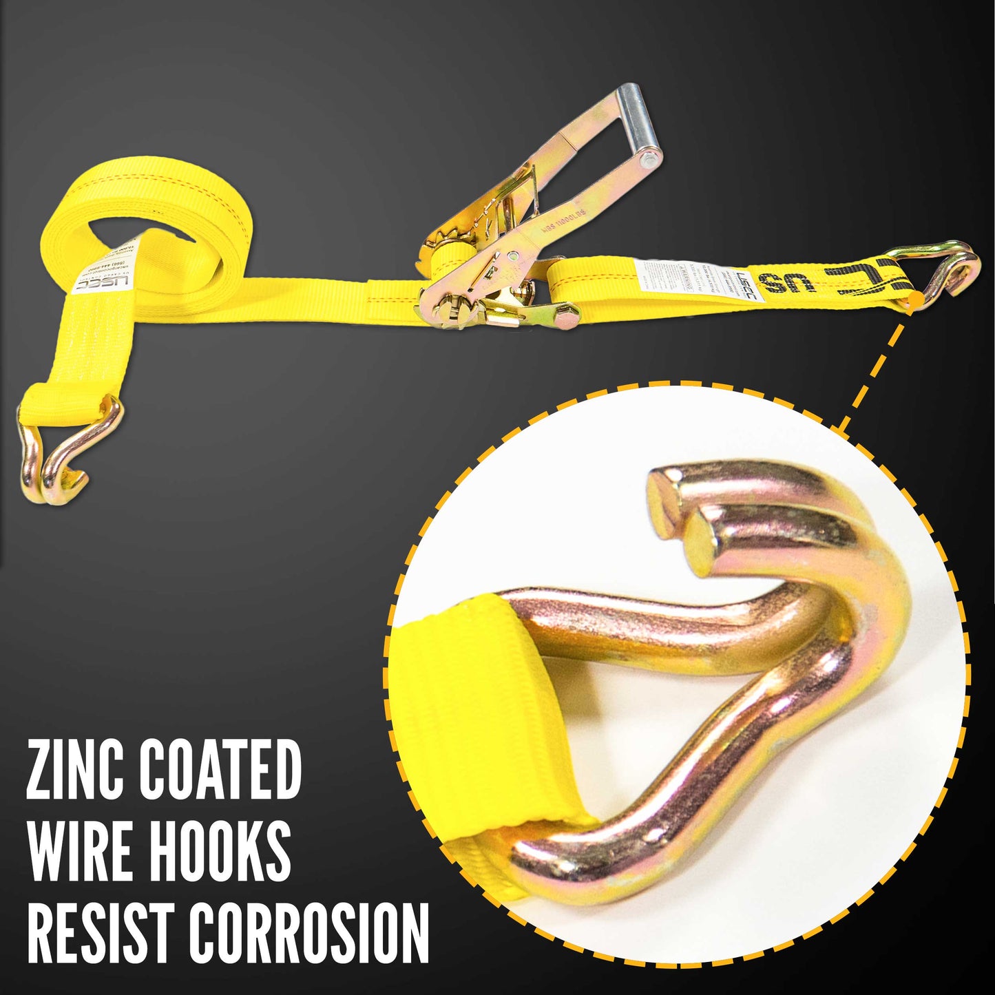 2" x 18' Ratchet Strap with Wire / Double J Hooks | Yellow | 10-Pack
