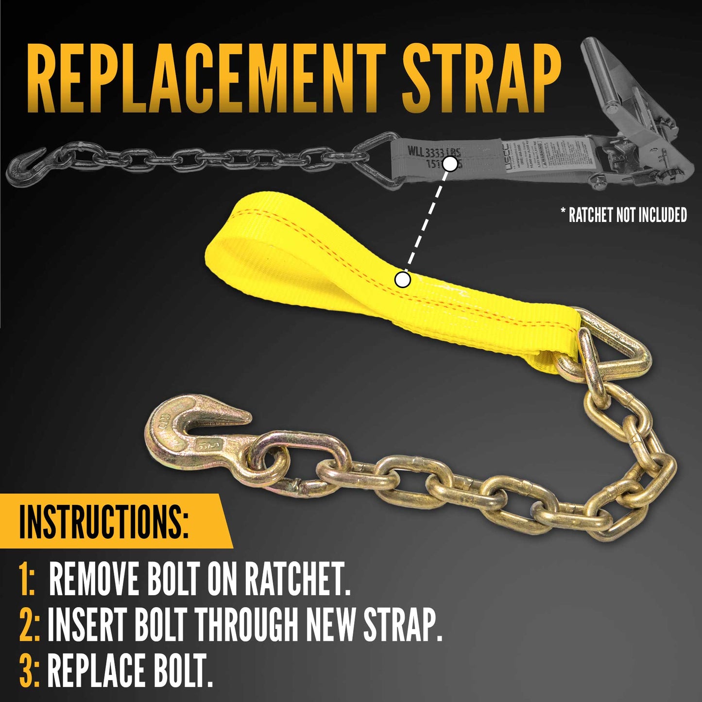 2" x 11" Replacement Ratchet Strap Fixed End - Chain Extension / Bolt Loop | No Ratchet
