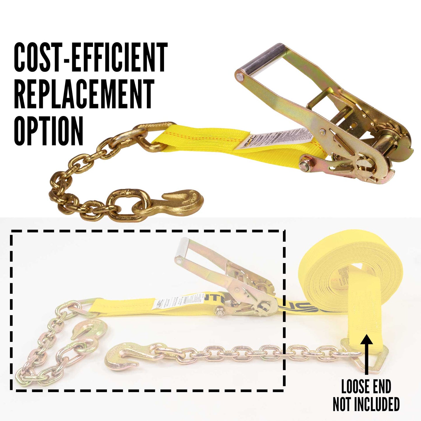 2" x 11" Replacement Ratchet Strap Fixed End - Ratchet / Chain Extension | Yellow