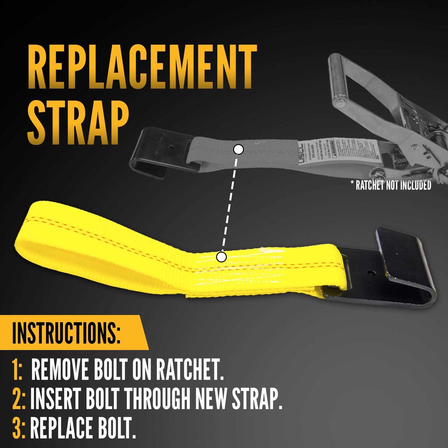 2" x 11" Replacement Ratchet Strap Fixed End - Flat Hook / Bolt Loop | No Ratchet