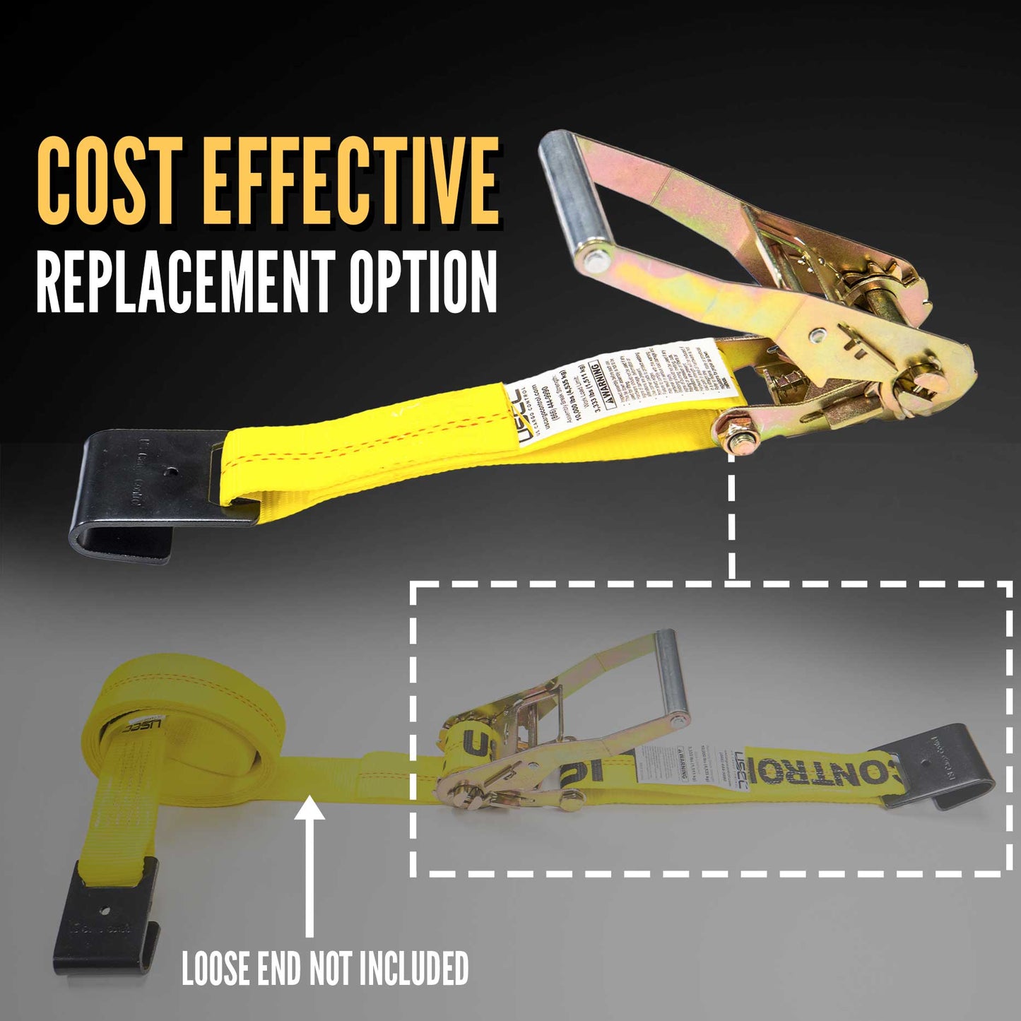 2" x 11" Replacement Ratchet Strap Fixed End - Ratchet / Flat Hook | Yellow
