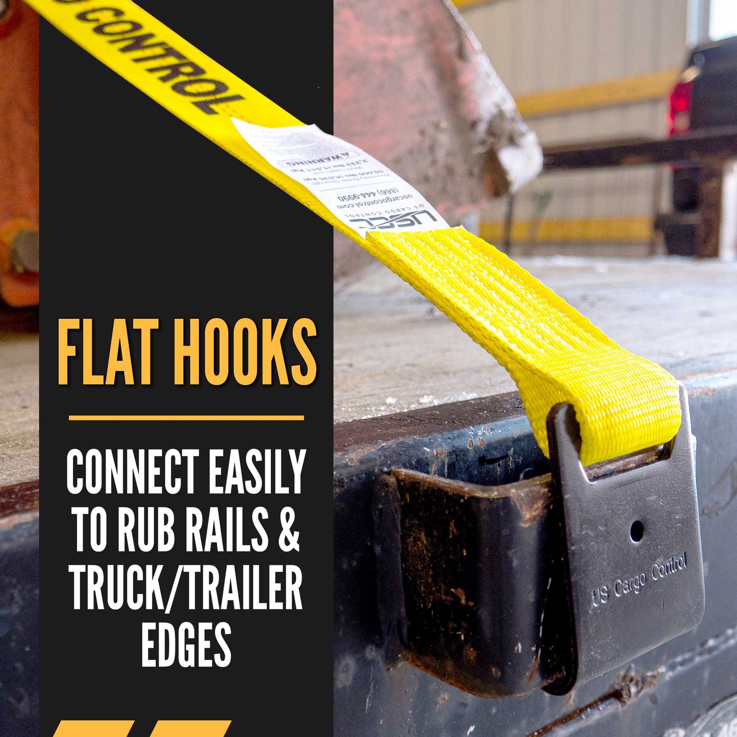 25' replacement for ratchet strap -  flat hooks connect to rub rails and truck/trailer edges