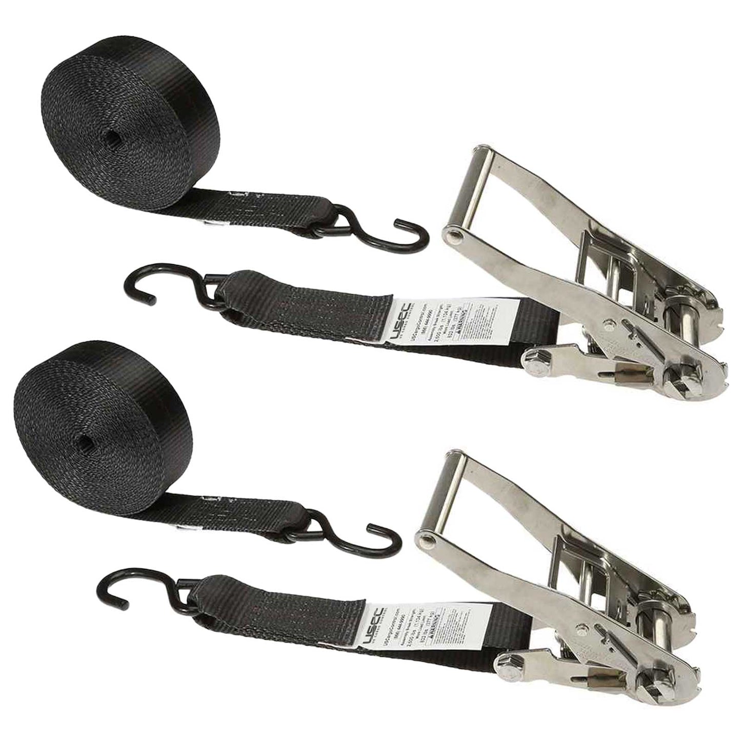 2" x 10' Stainless Steel Ratchet Strap with Vinyl Coated S-Hooks | Black | 2-Pack