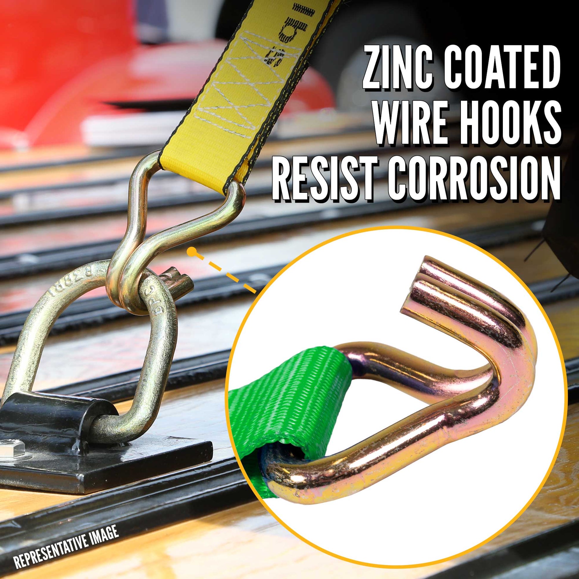 20' winch strap -  zinc coated wire hooks resist corrosion