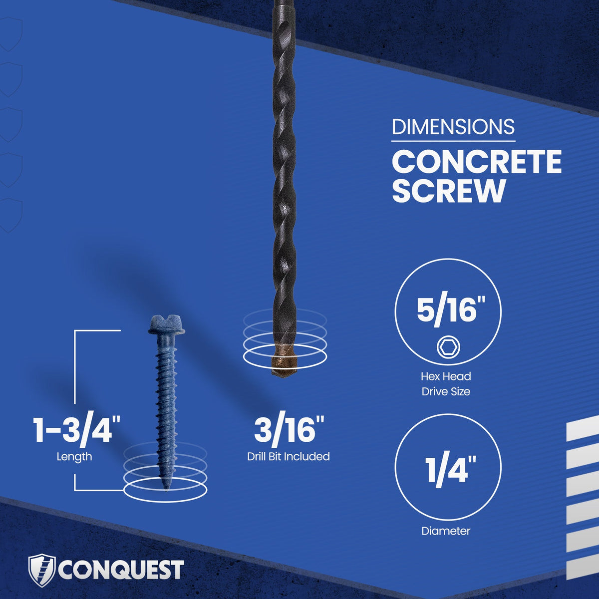 Concrete screw dimensions: length, drive, diameter.