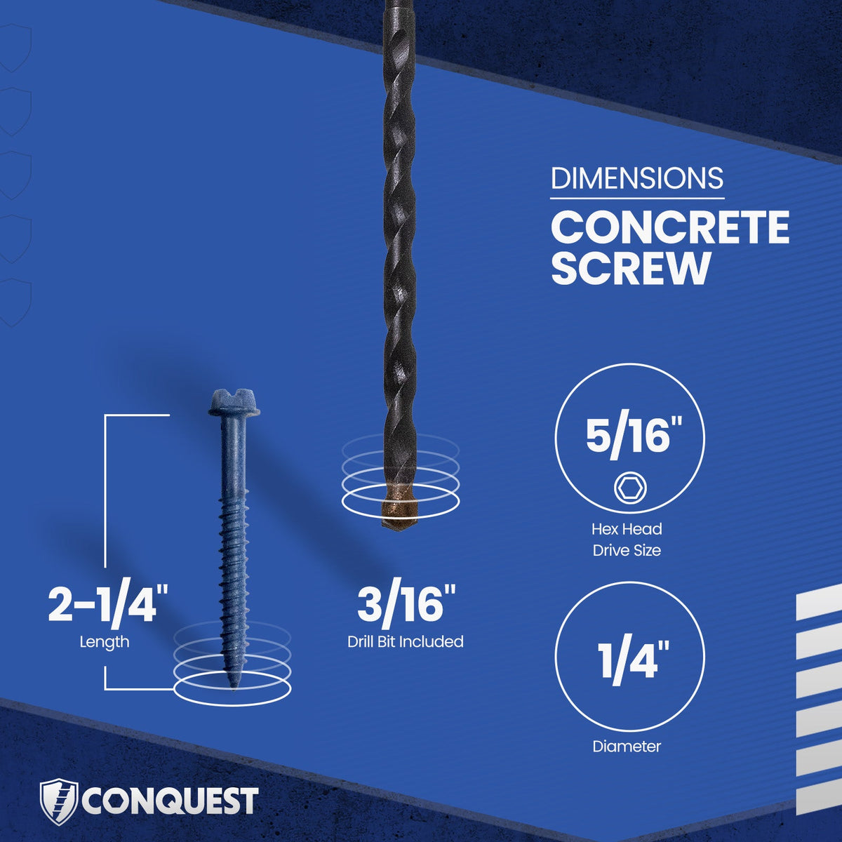 Concrete screw dimensions: length, drive, diameter.