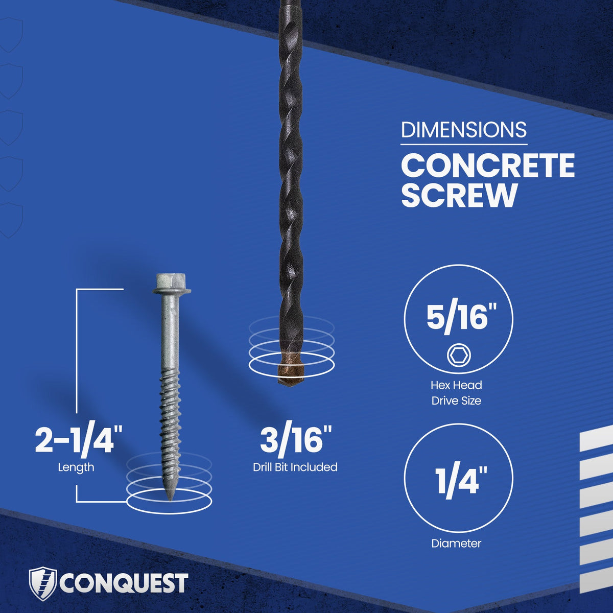 Concrete screw dimensions: length, drive, diameter.
